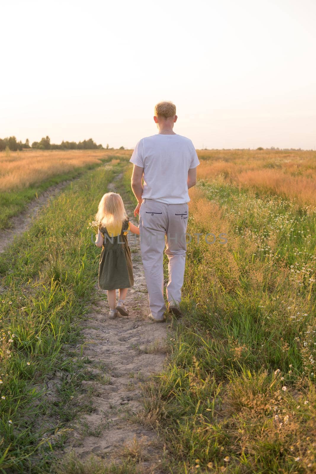 Dad and his blonde daughter are walking and having fun in a chamomile field. by Annu1tochka