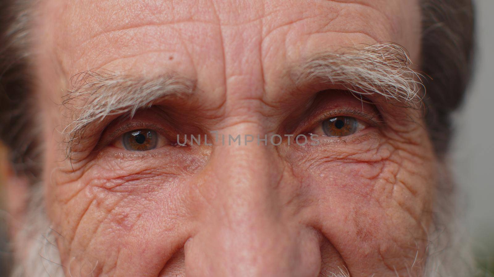 Extreme close-up macro portrait of wrinkled bearded face. Old senior beautiful man's eyes, smiling looking at camera. Brown eyes of elderly guy male model. Mature grandfather opening wide his eyes