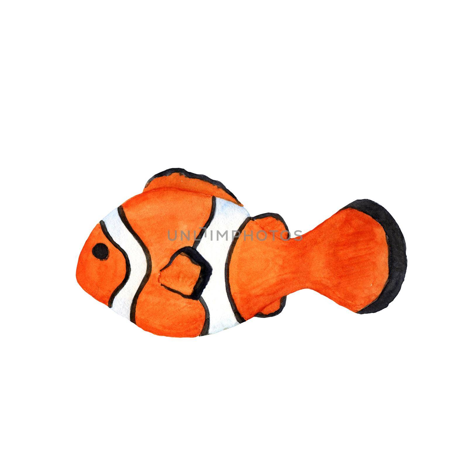 Watercolor illustration cute clownfish. Illustration orange fish isolated on white background. Sea animal for kids
