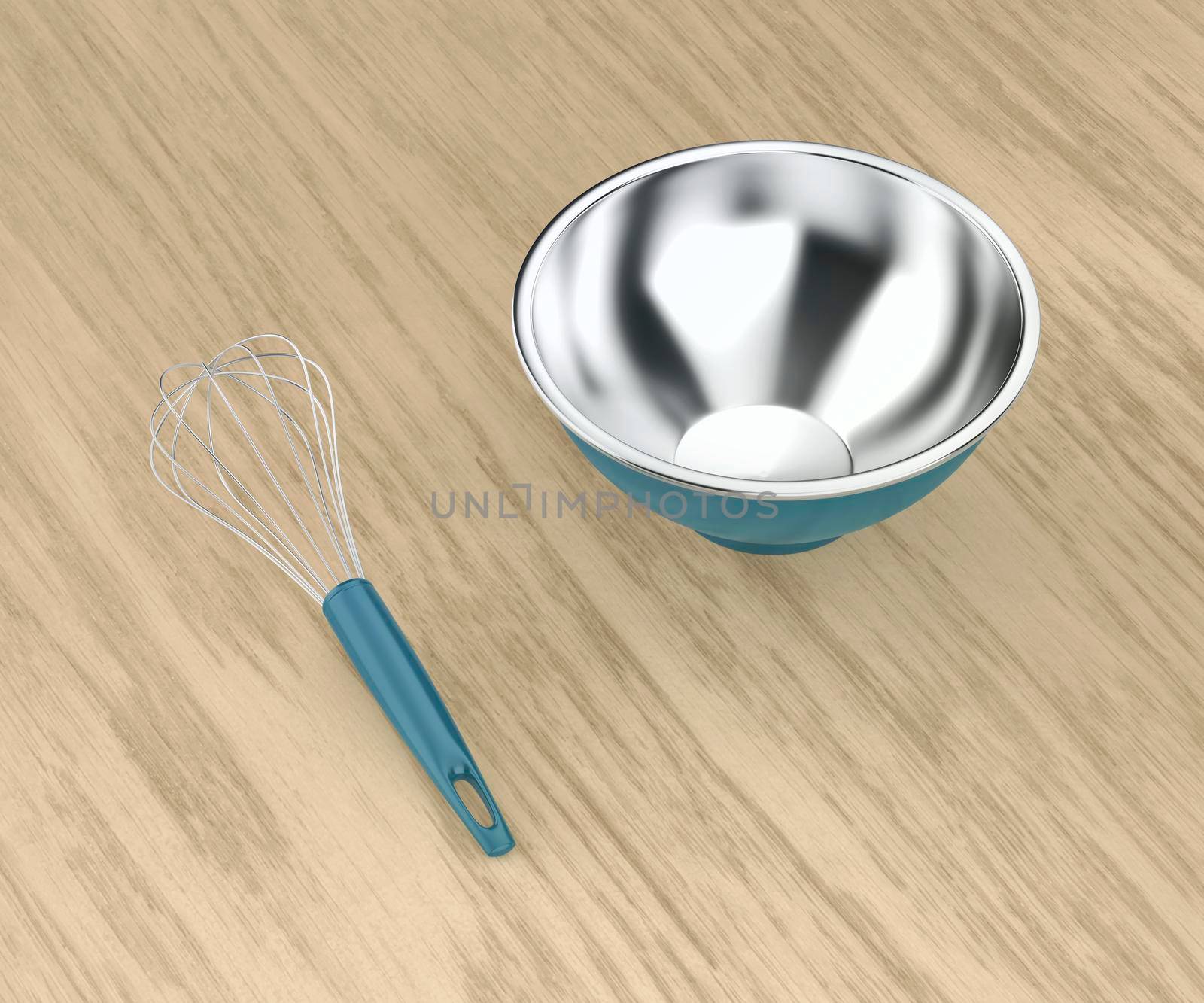 Balloon whisk and empty metal bowl on wood table