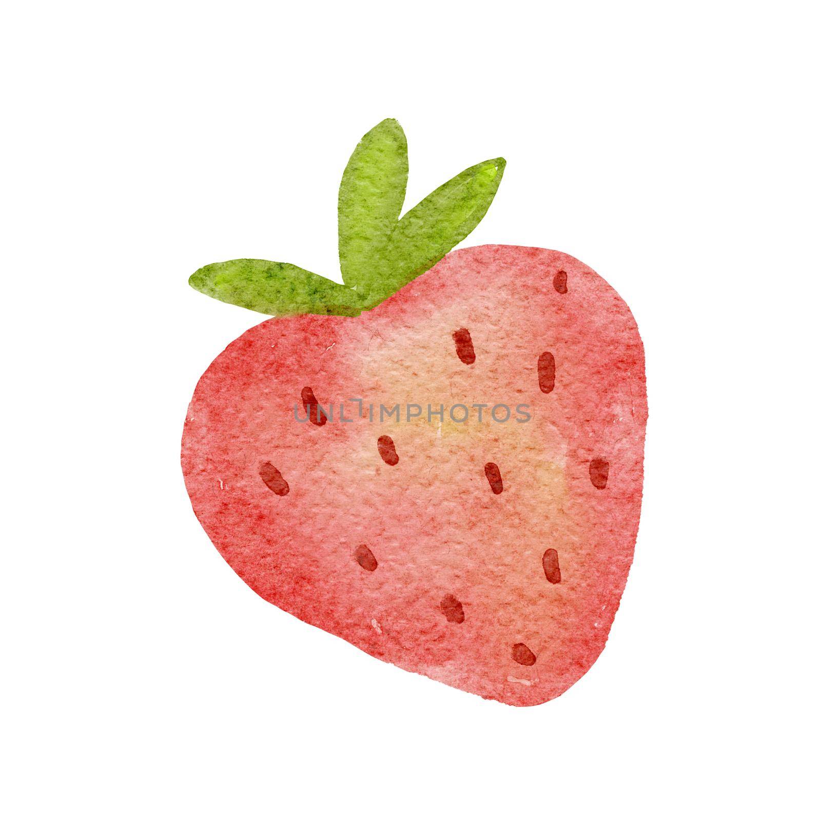 Watercolor cute strawberry and green leaves. Stylized drawing illustration of summer berry isolated on white
