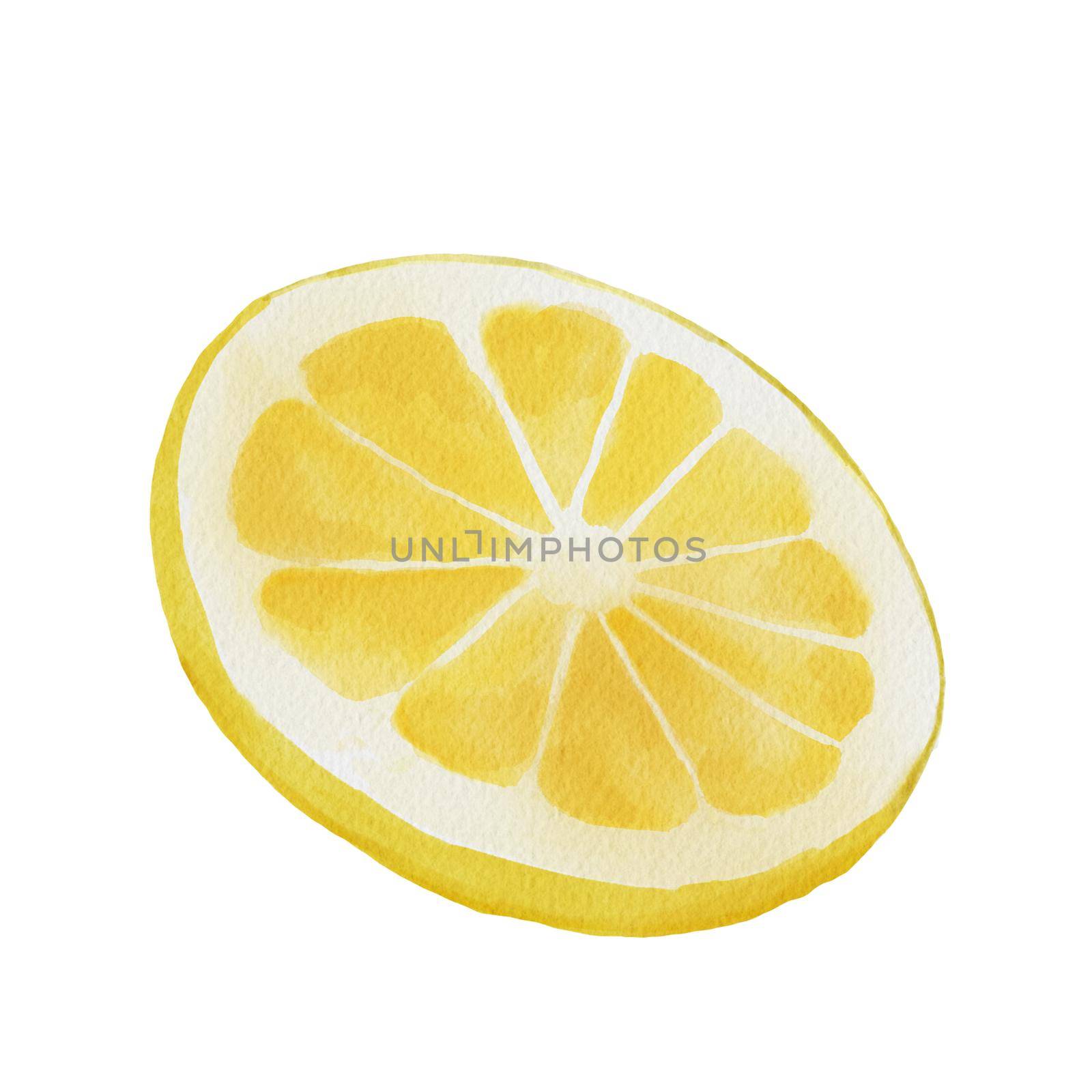 Watercolor Hand drawn lemon piece isolated on white background. Citrus fruits food illustration. by ElenaPlatova