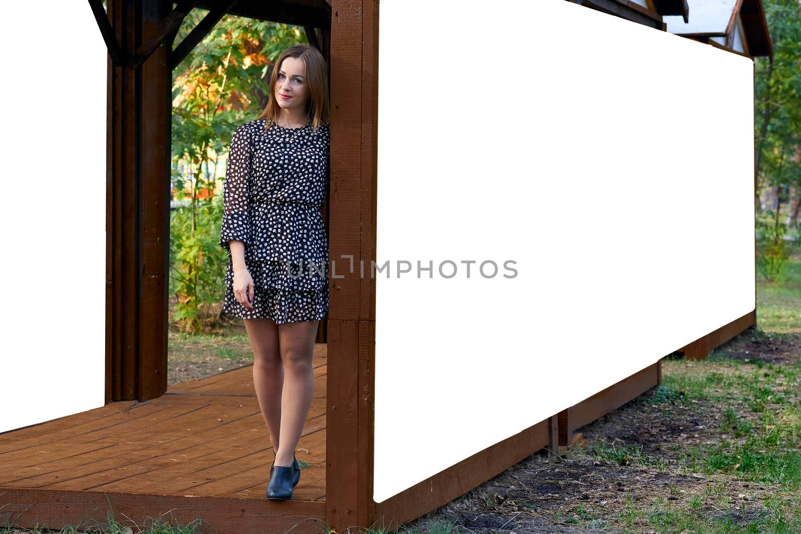 Place for text on a wooden stand with a charming fair haired girl in nature by jovani68