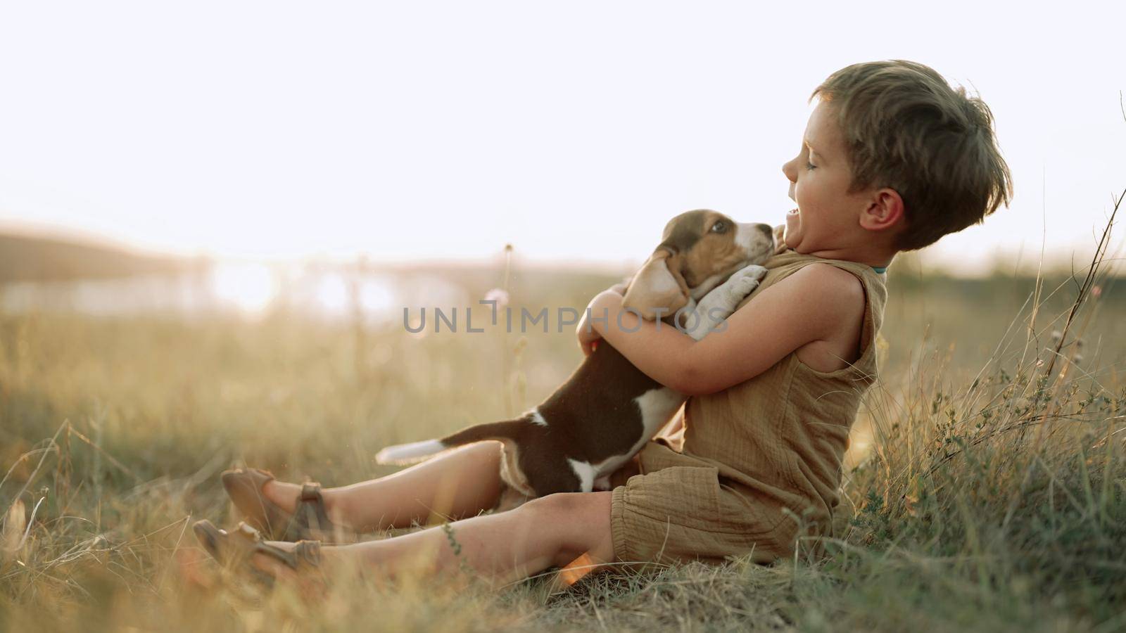 Cute little boy playing with beagle puppy on countryside nature background. Child stroking, training dog. Happy lovely pet, new member of family. . High quality photo