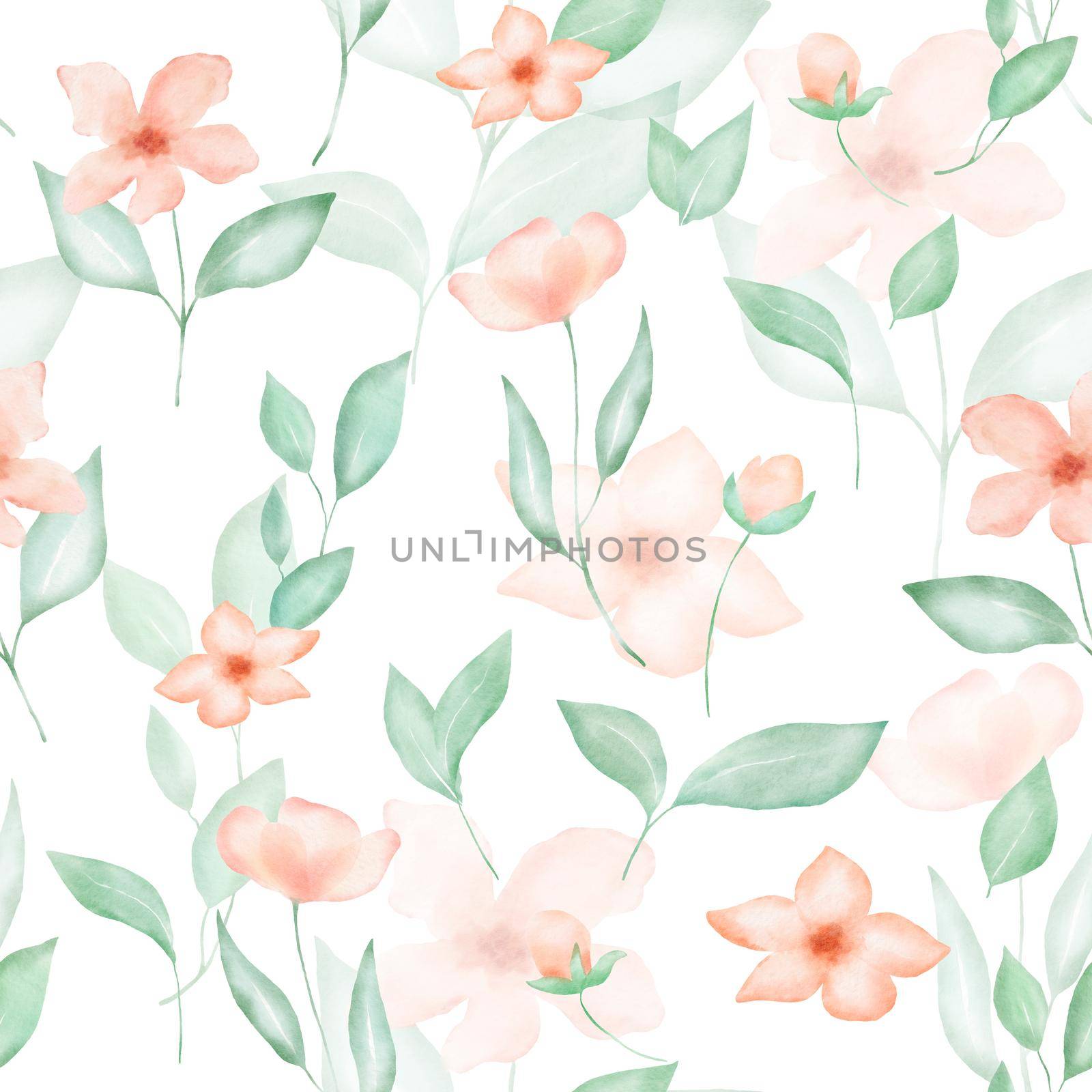 Watercolor floral seamless pattern with pink flowers and leaves. Spring colorful decor with hand drawn illustrations on white background by ElenaPlatova