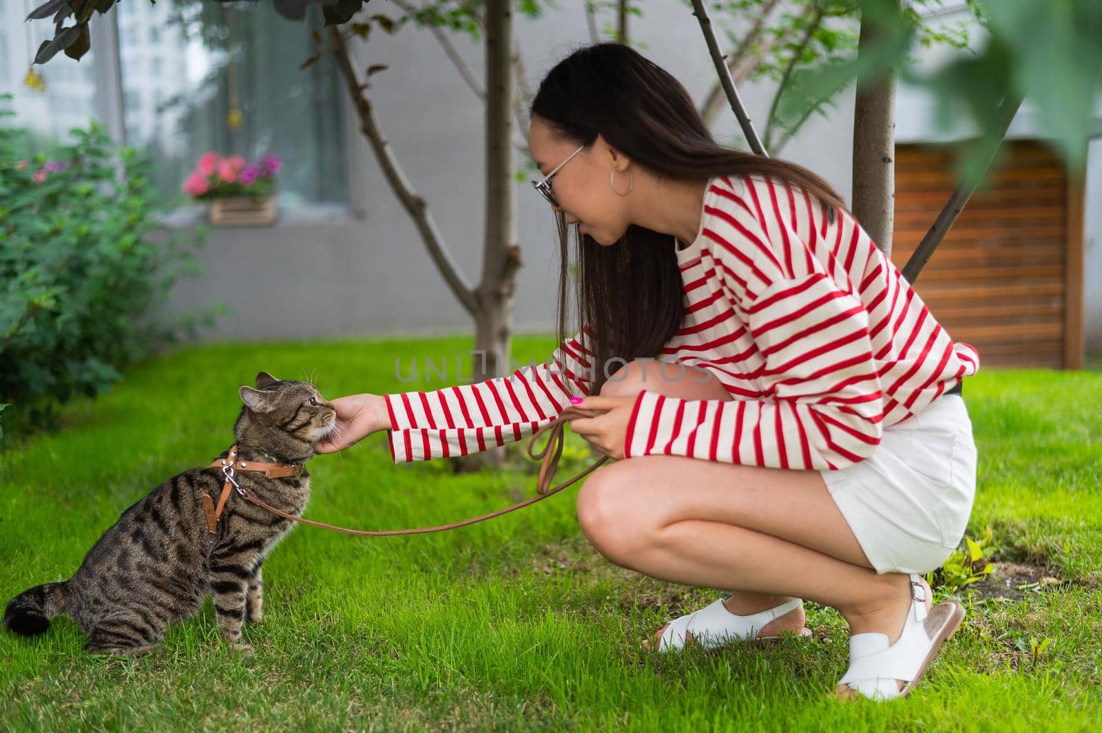 Young woman walking a tabby cat outdoors