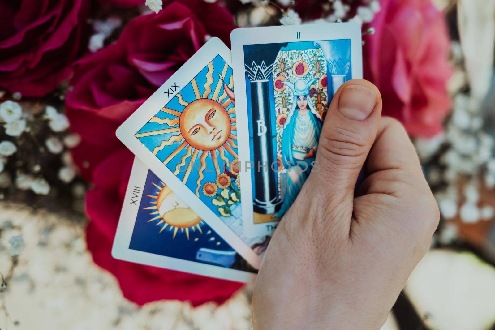 Fortune teller holding oracle cards in hand on flowers background. Tarot reader. Future prediction, esoteric, intuition concept. High quality photo