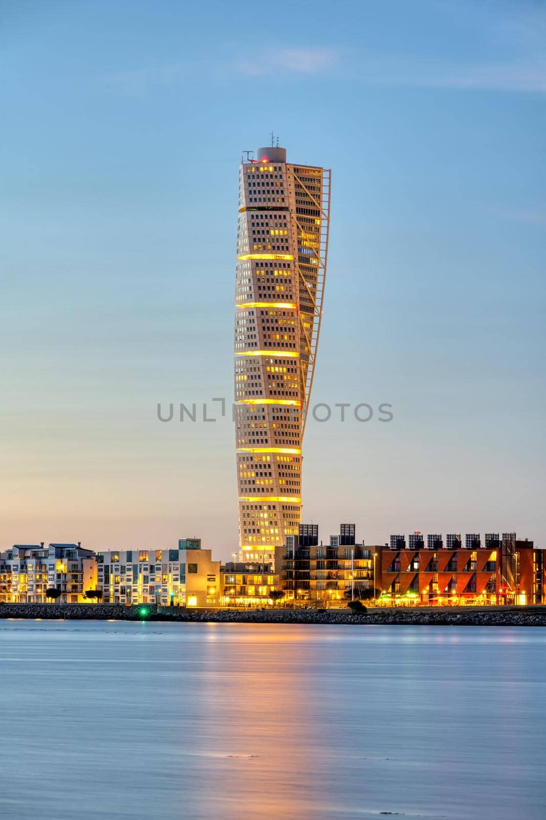 The iconic Turning Torso in in Malmo, Sweden, after sunset