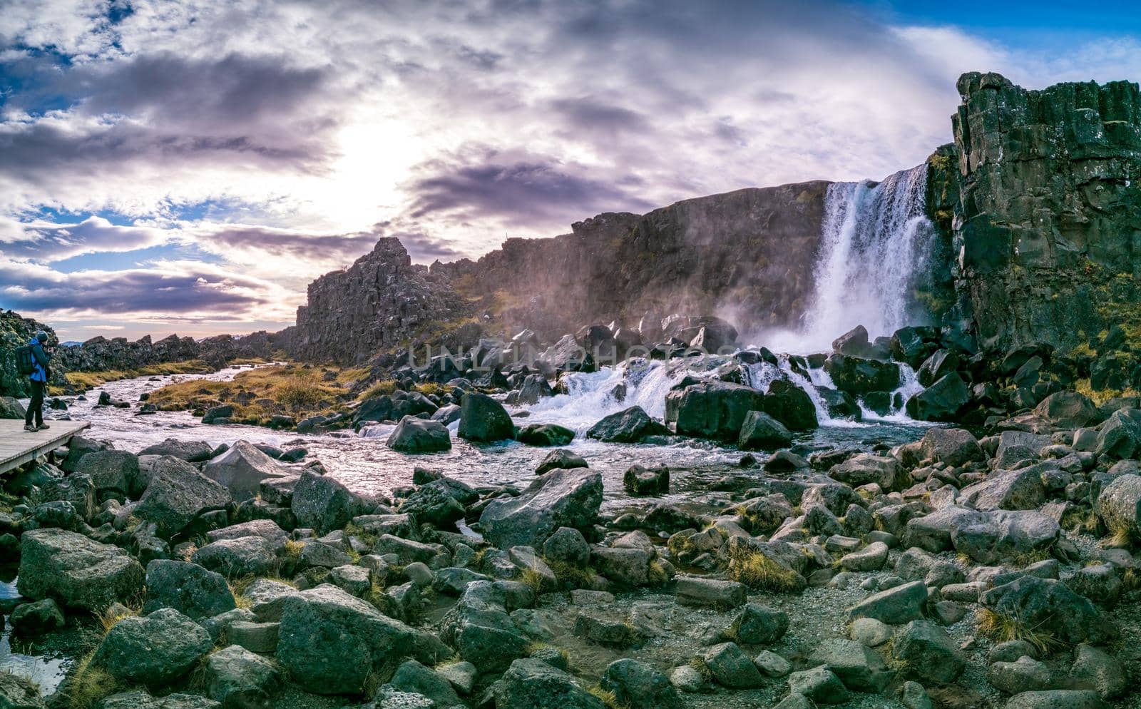 Thingvellir national park waterfall panorama