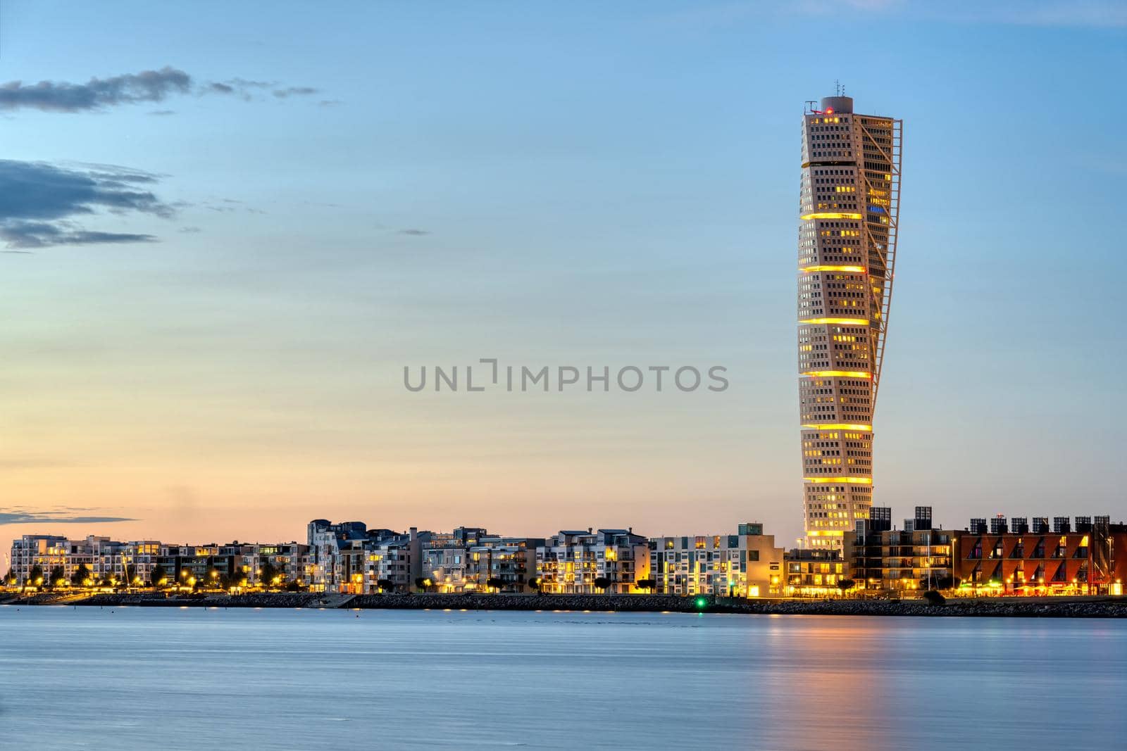 The Turning Torso in in Malmo, Sweden, at dusk
