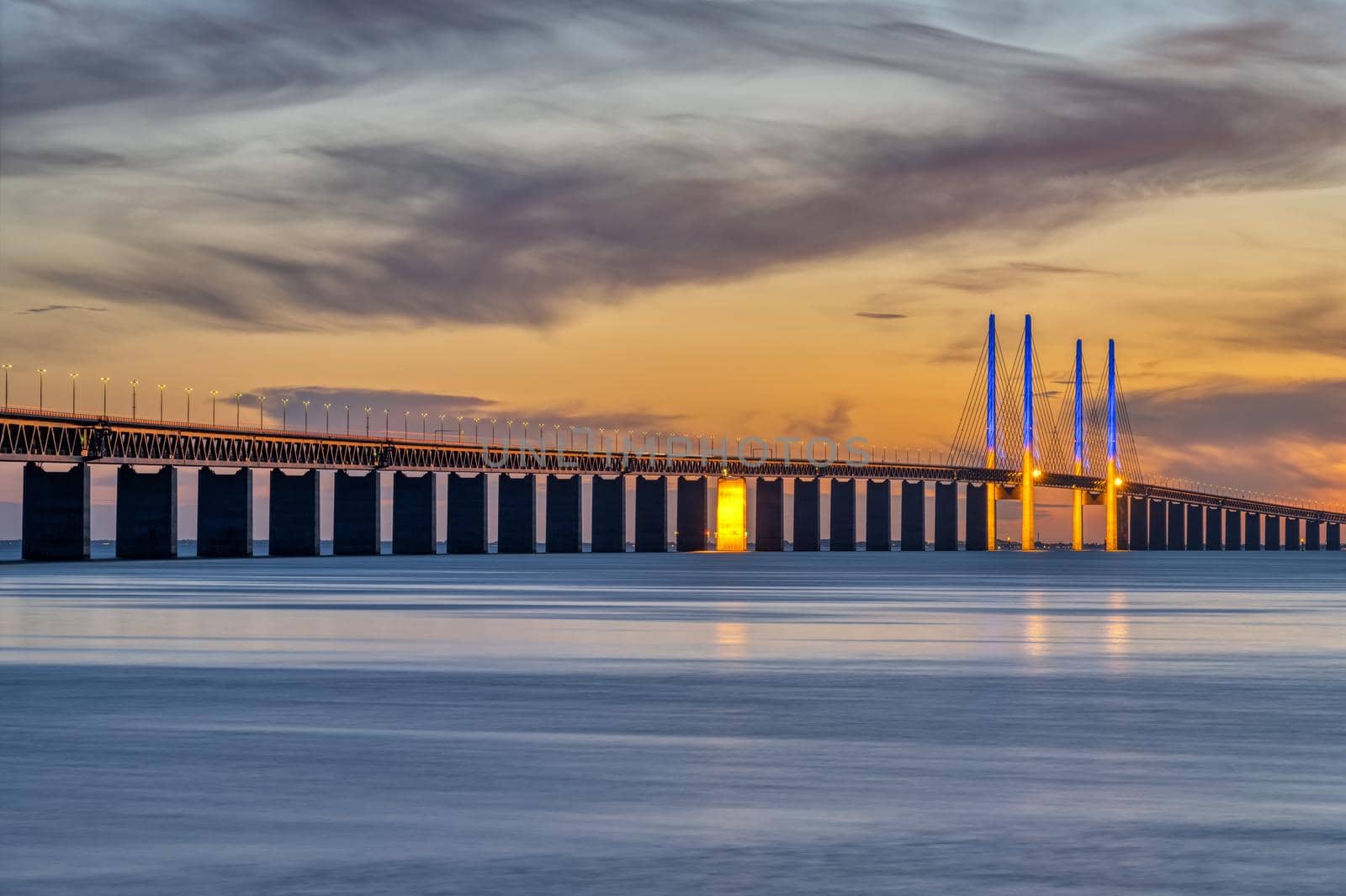 The Oresund bridge between Denmark and Sweden after sunset