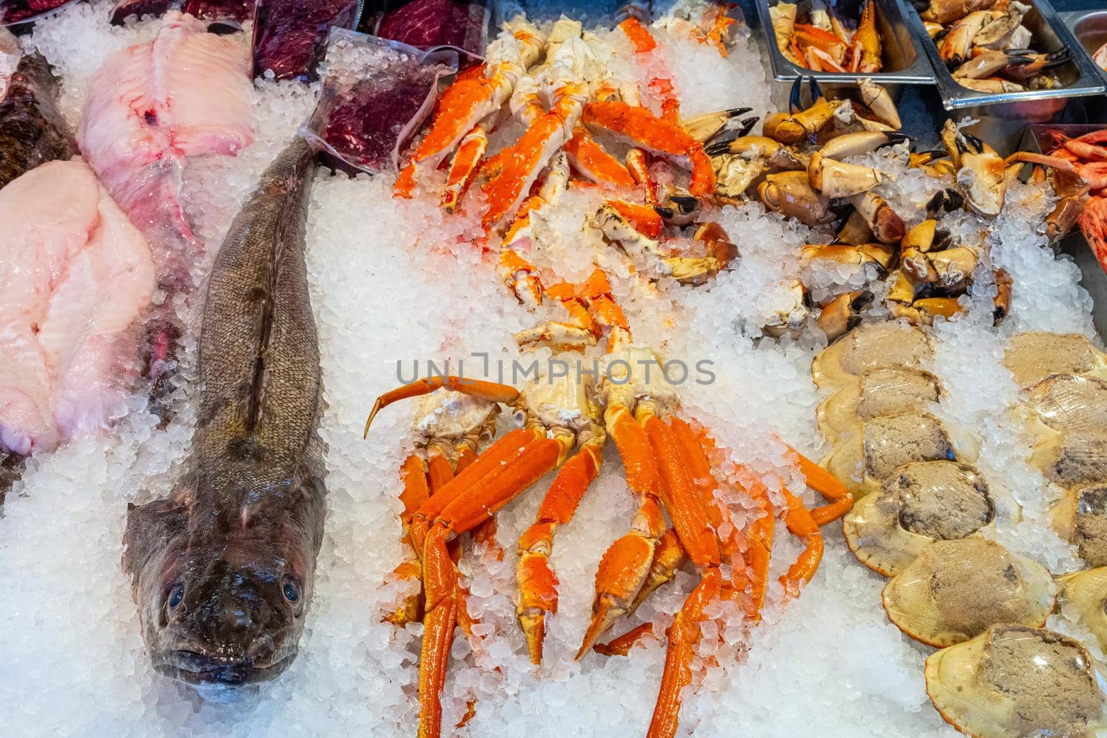 Fish, crustaceans and seafood for sale at a market in Bergen, Norway
