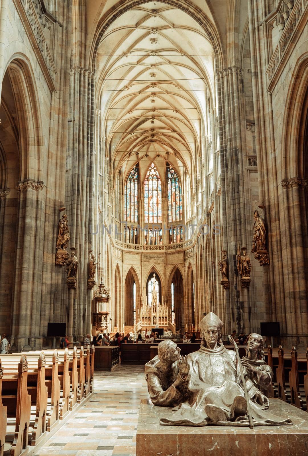 Prague, Czech Republic - July 2022. Interior of St. Vitus cathedral. Architecture in gothic style, details of masterpiece religious building. High quality photo