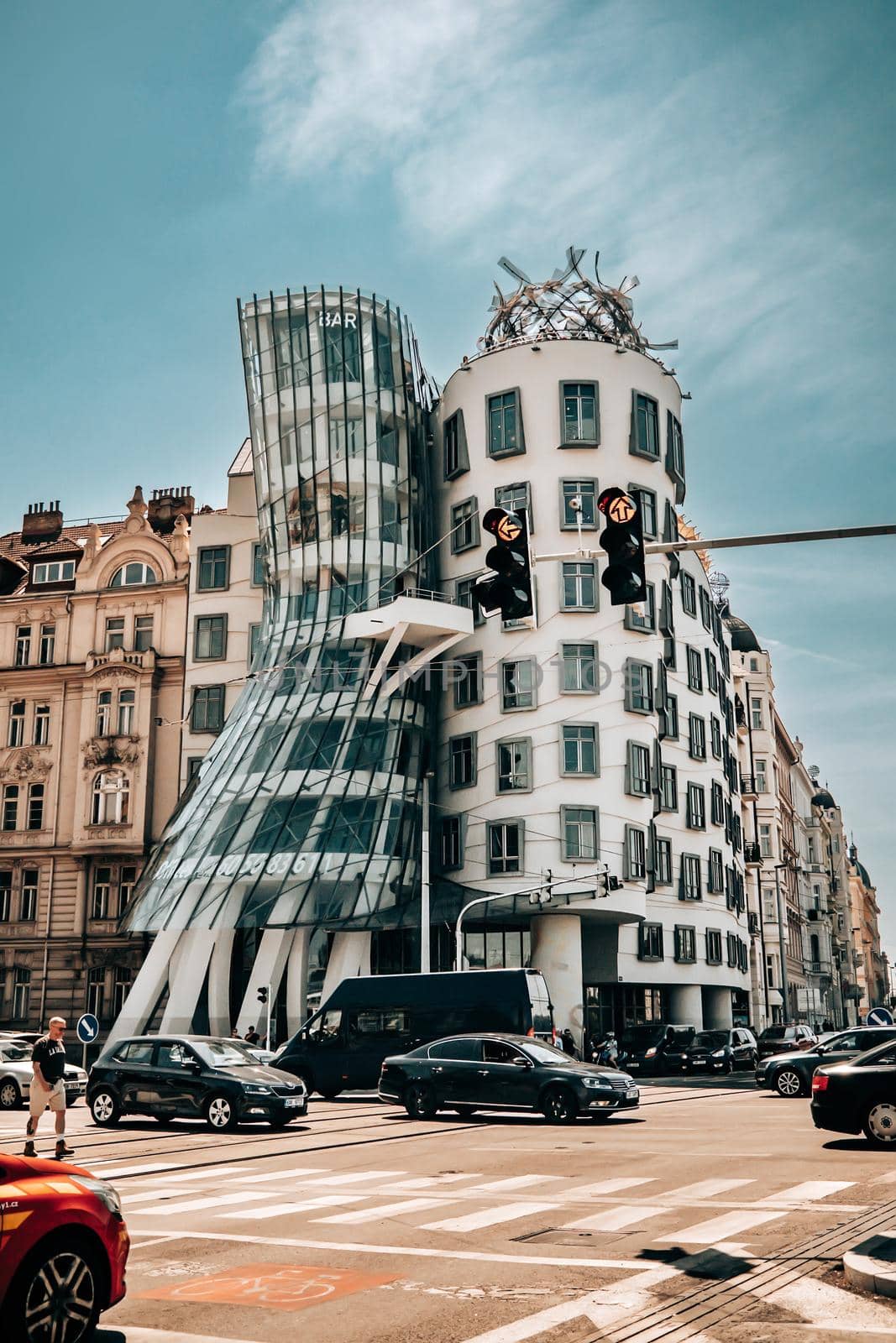 Prague, Czech Republic - July 2022. Amazing Dancing or Fred and Ginger House in european capital. Modern architecture. Deconstructivism example. High quality photo