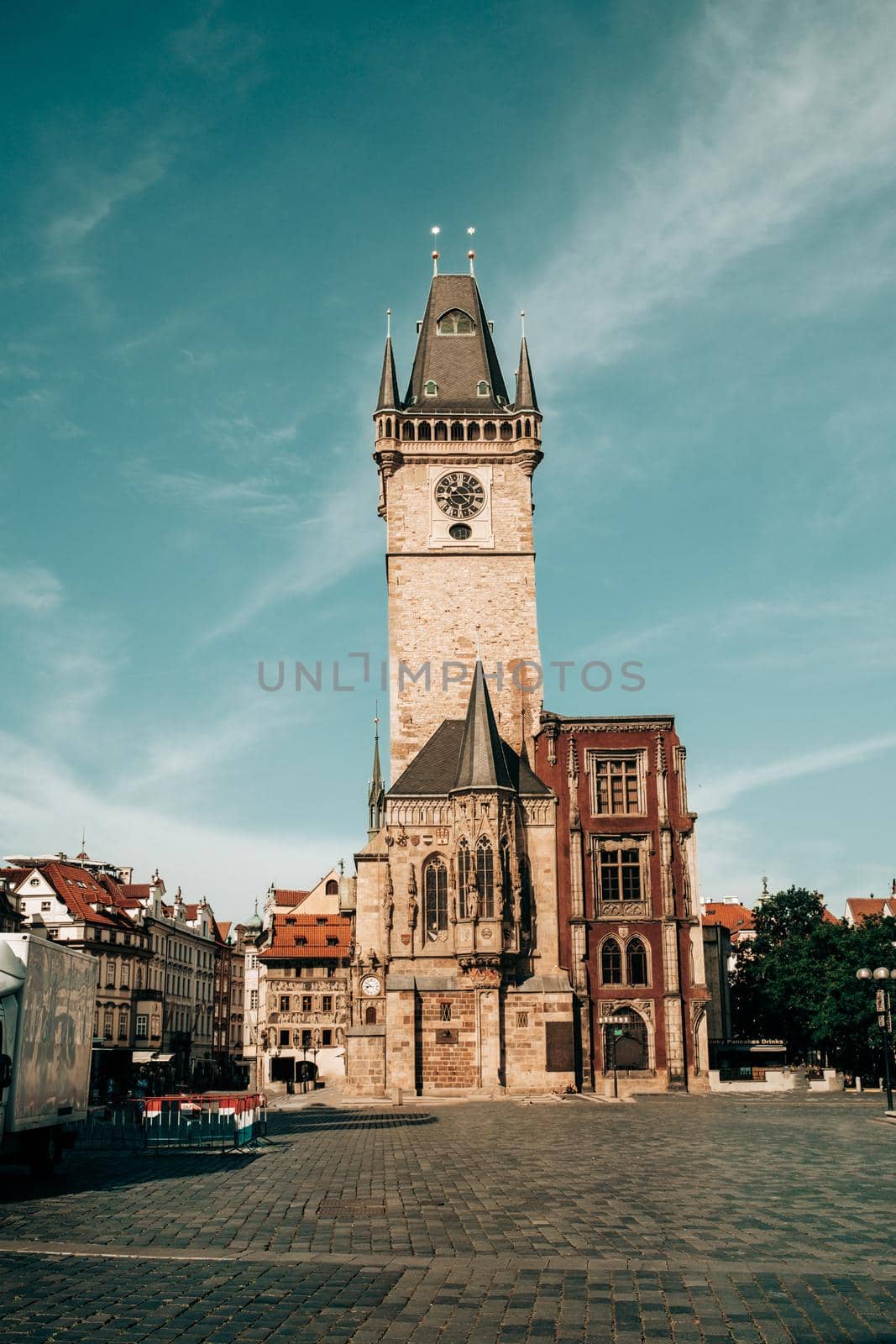 Old Prague town square with astronomical chimes. Famous historical, gothic style buildings. Sunny cityscape in european capital. High quality photo