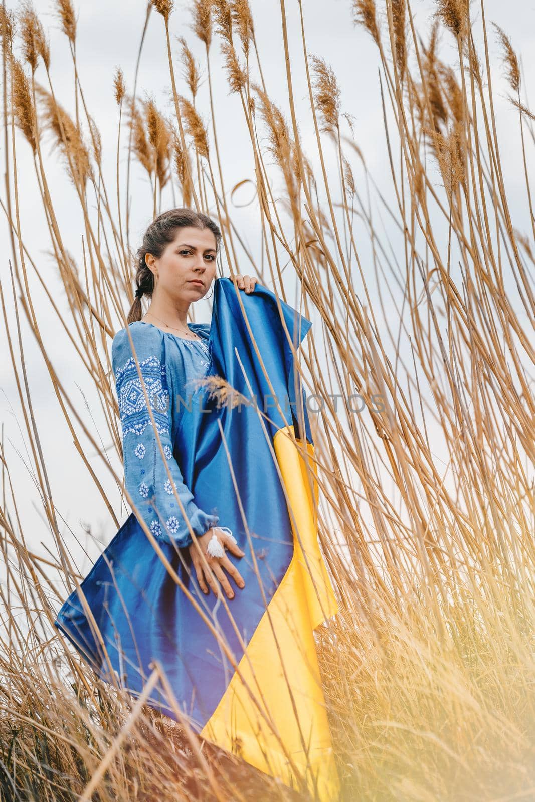 Sorrowful ukrainian woman with national flag on natural reeds background. Lady in blue embroidery vyshyvanka blouse. Ukraine, independence, freedom, patriot symbol, victory in war. High quality photo