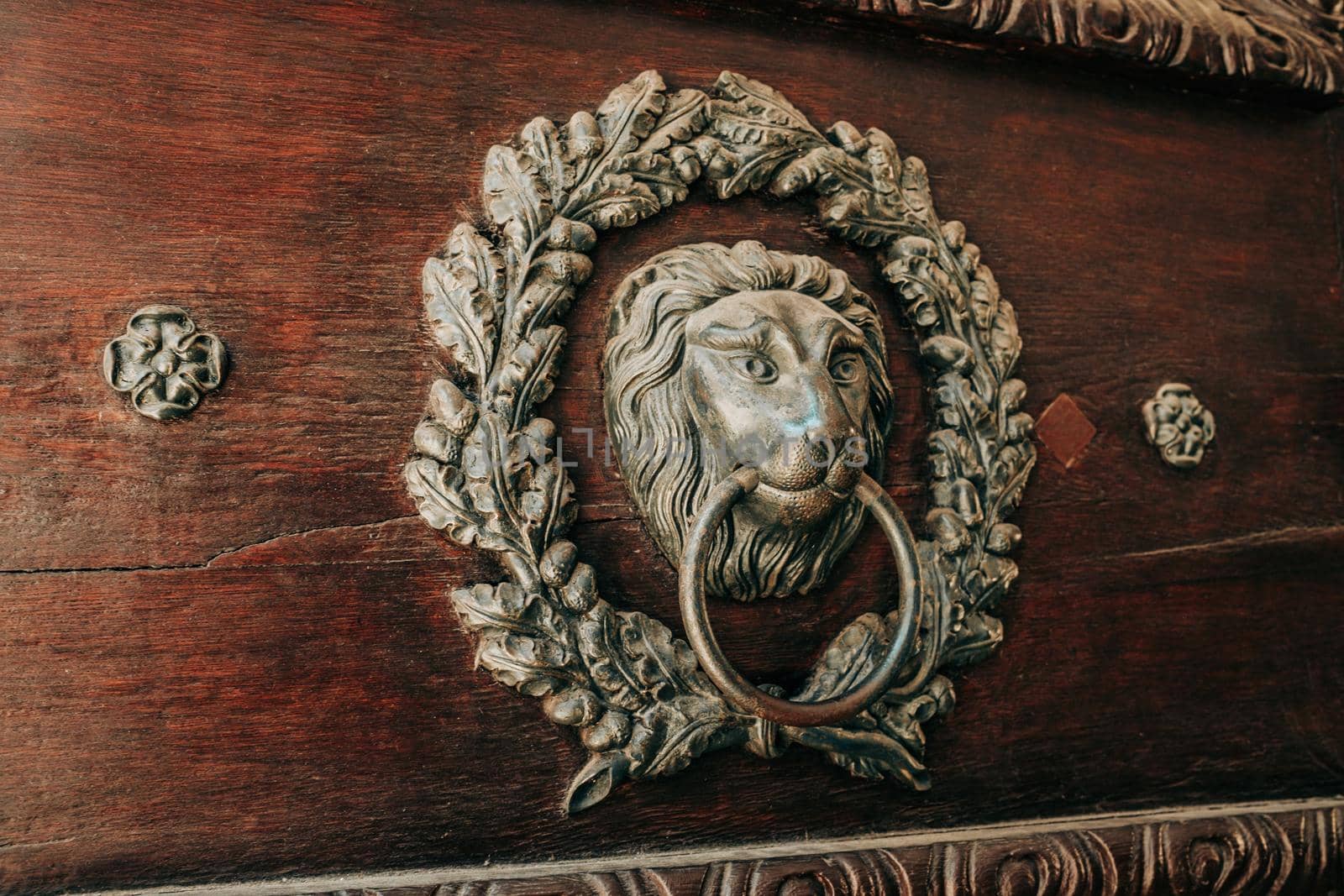 Decorative door carved knocker - head of lion in old style. Handle with ring in mouth. Ancient metal on czech building. High quality photo