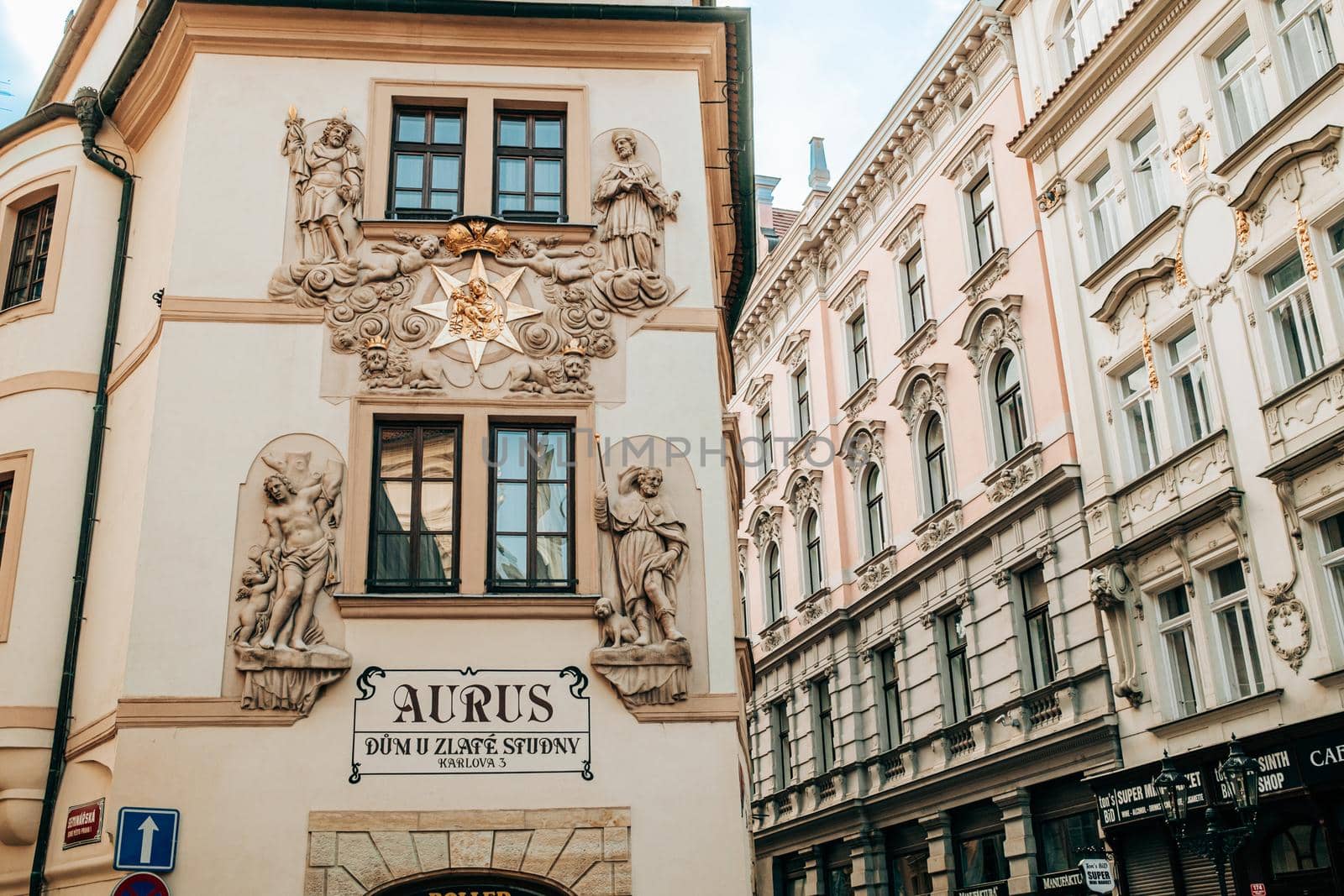 Prague, Czech Republic - July 2022. Aurus hotel in old town district. Beautiful european architecture, historical facades of traditional buildings by kristina_kokhanova