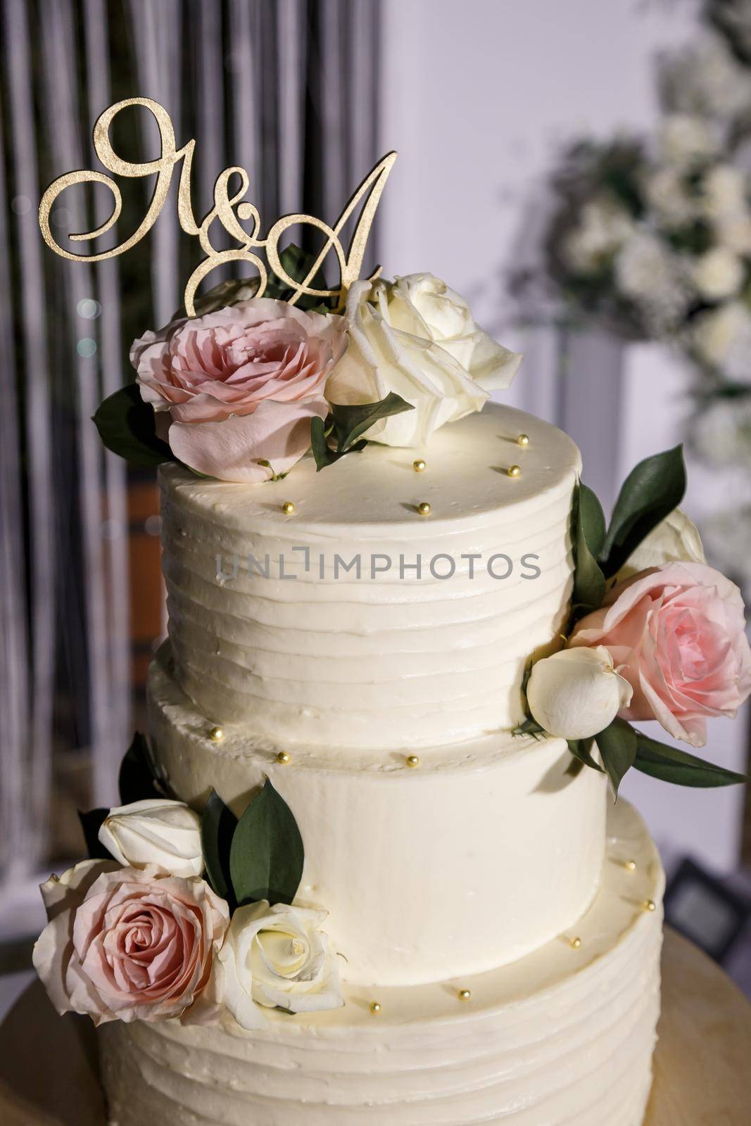 Beautiful tiered delicious dessert sweet cake for newlyweds.