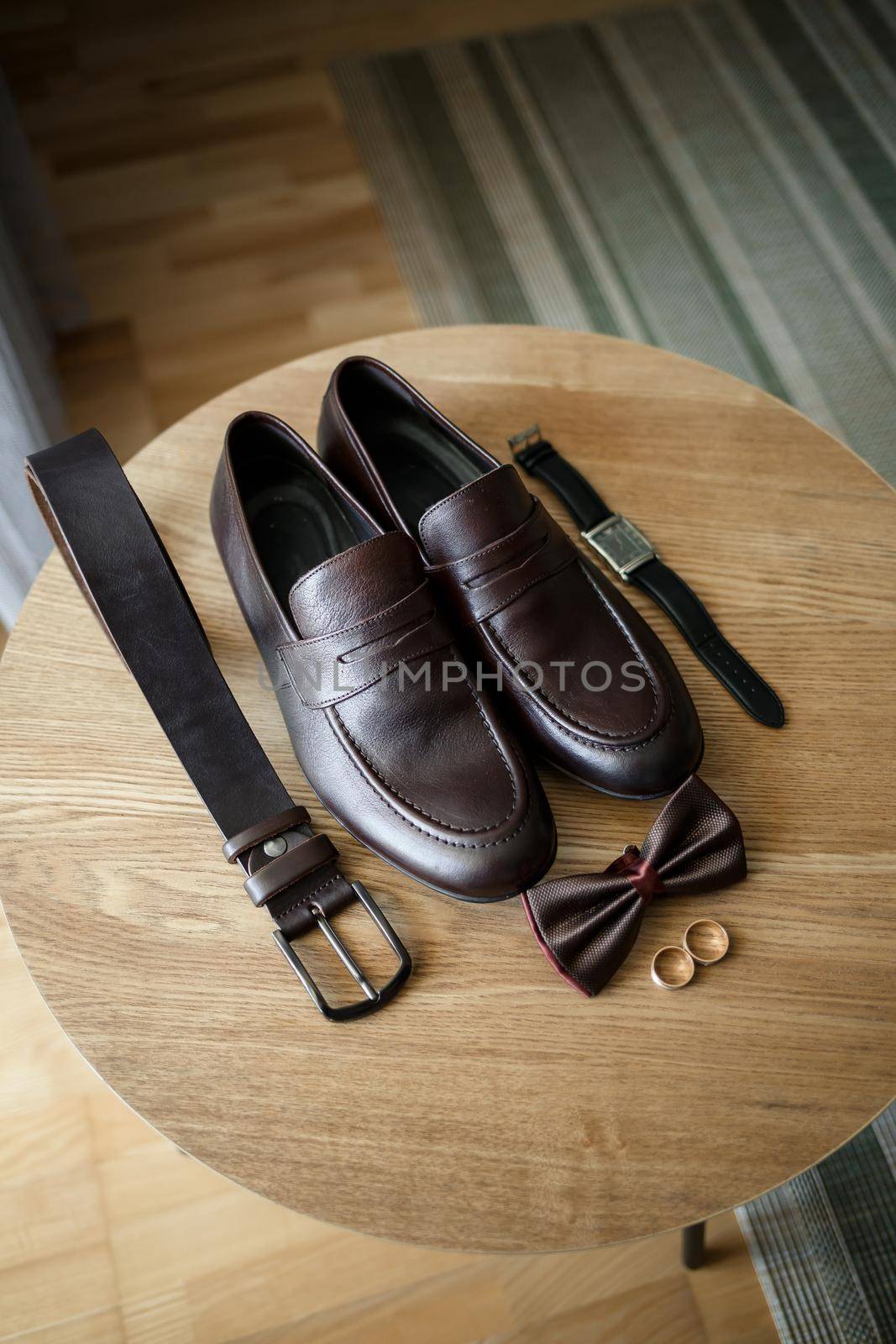 Mens elegant set of stylish groom accessories for wedding day. Men's classic shoes