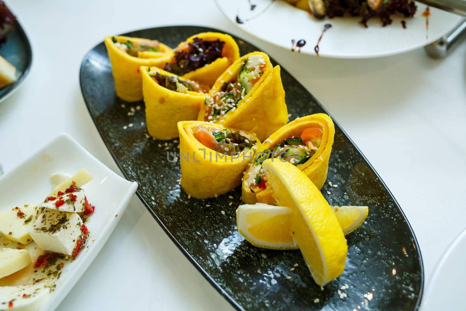 Delicious dish on the buffet table. Cold appetizers from the chef for the celebration