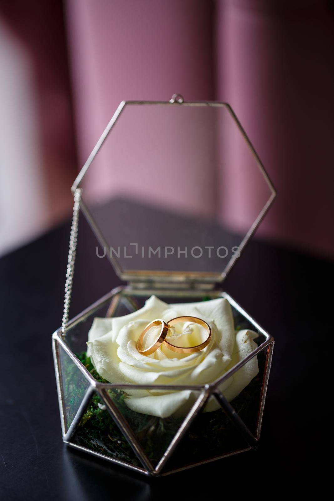 Gold wedding rings for newlyweds on their wedding day. Jewelry for the holiday of a couple in love by Dmitrytph