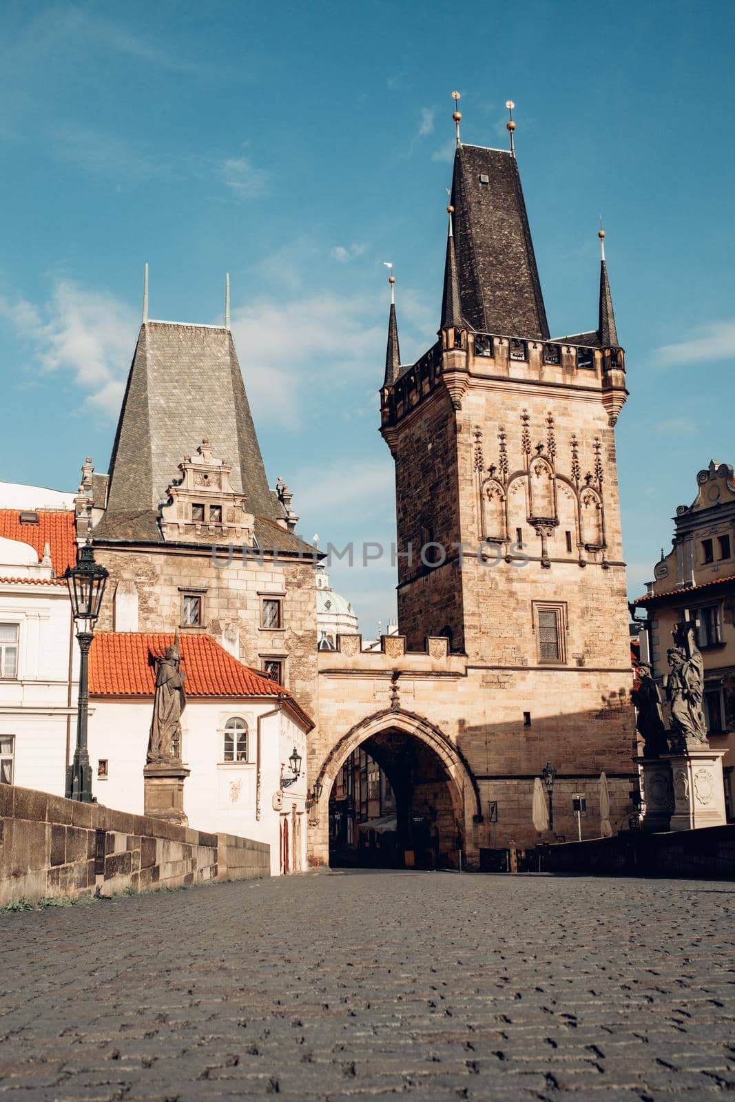 Famous medieval Charles - Karlov bridge across Vltava river. Historic, old district of european capital. High quality photo. High quality photo