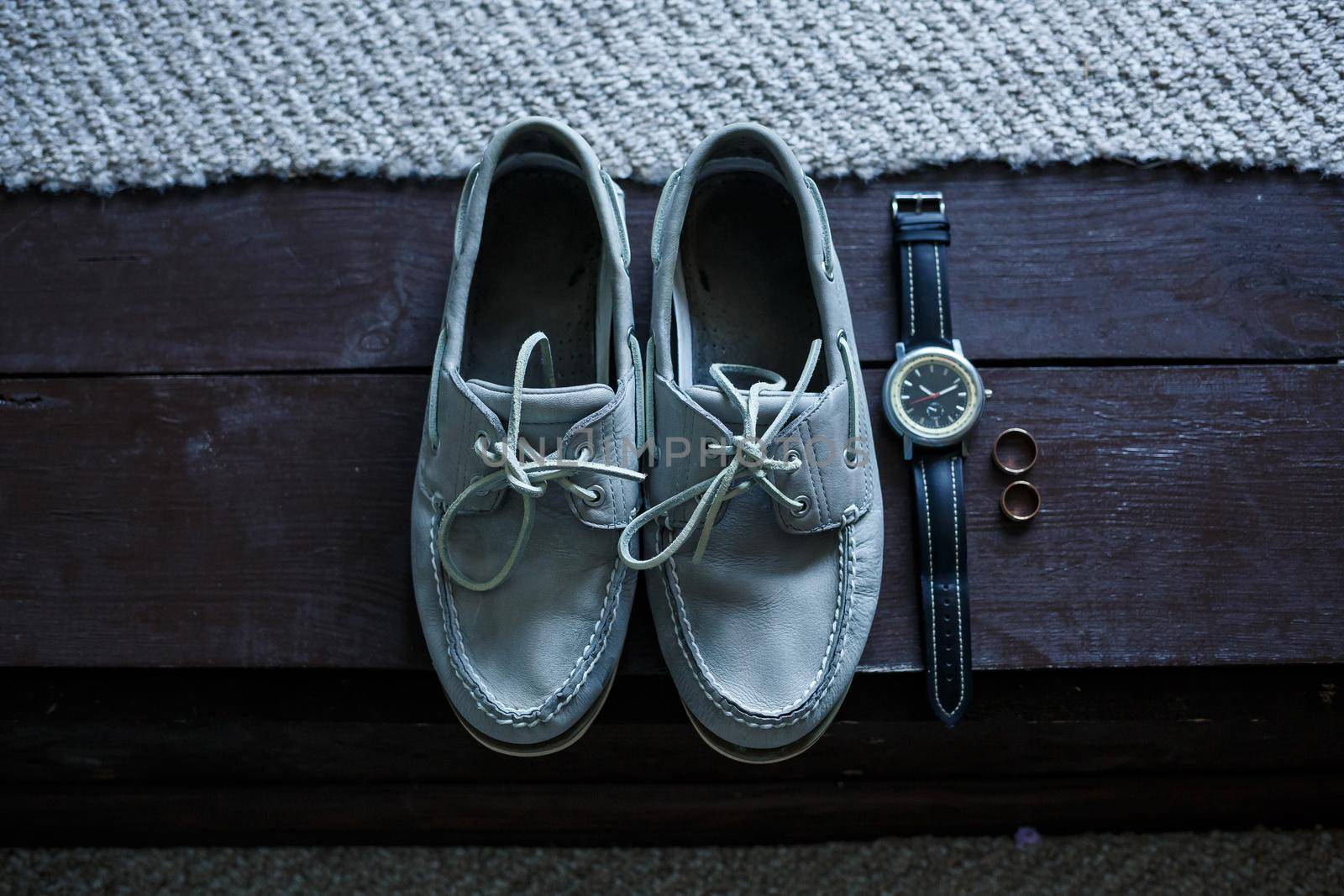 Mens elegant set of stylish groom accessories for wedding day. Men's classic shoes