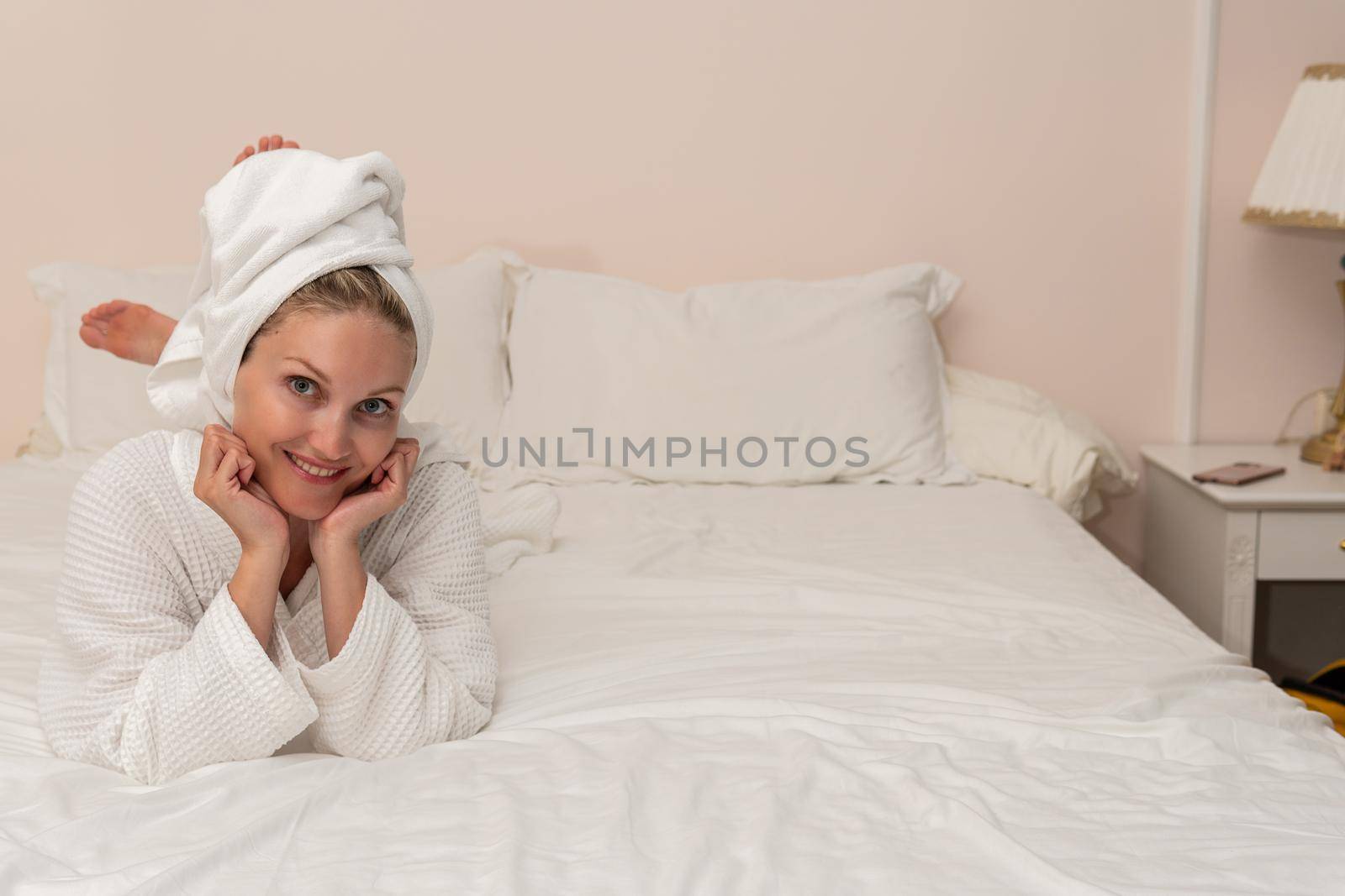 Bed female beauty bathrobe copyspace spa care body lady white, concept preparing woman in relax and treatment girl, gown concept. Interior people american,
