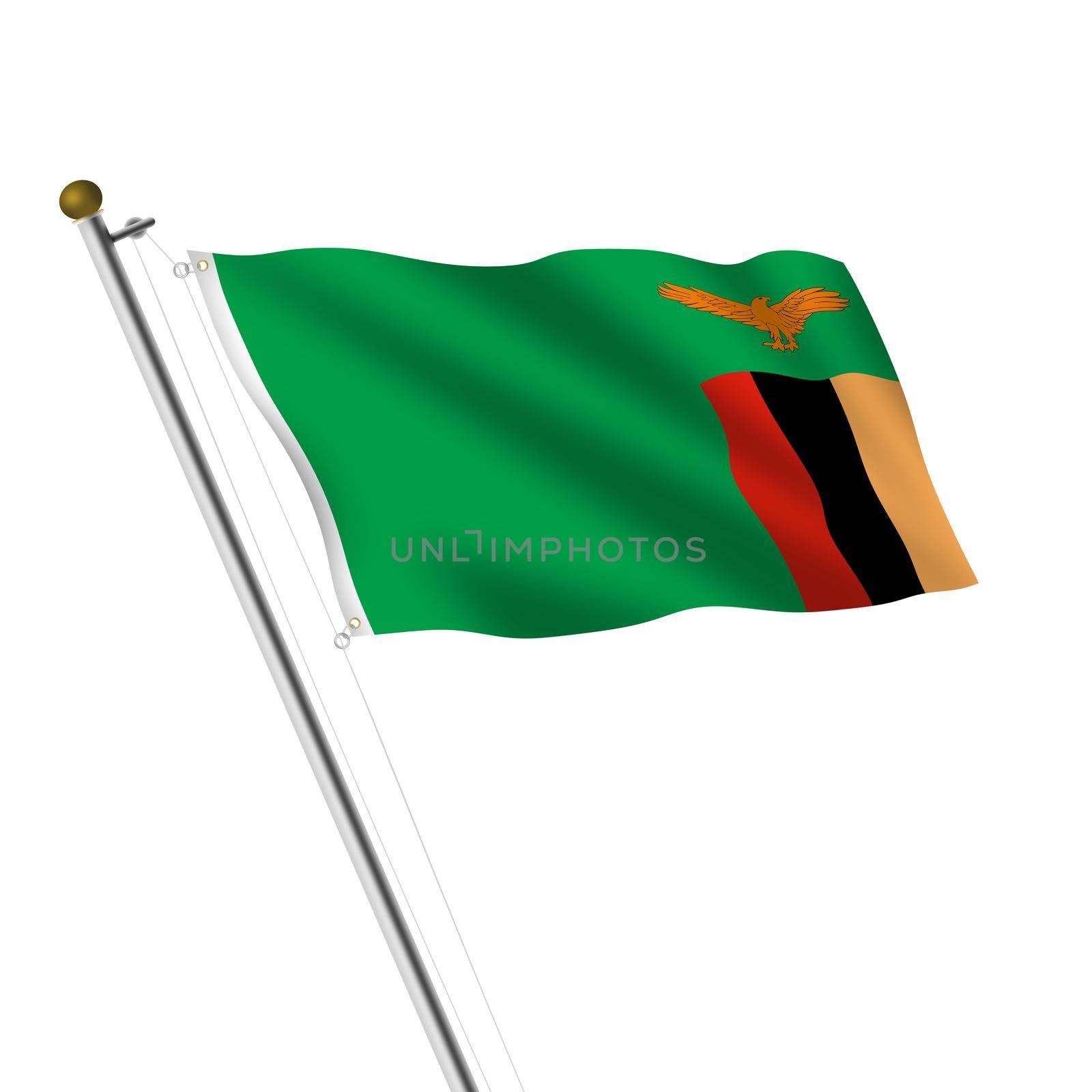 A Zambia Flagpole 3d illustration on white with clipping path
