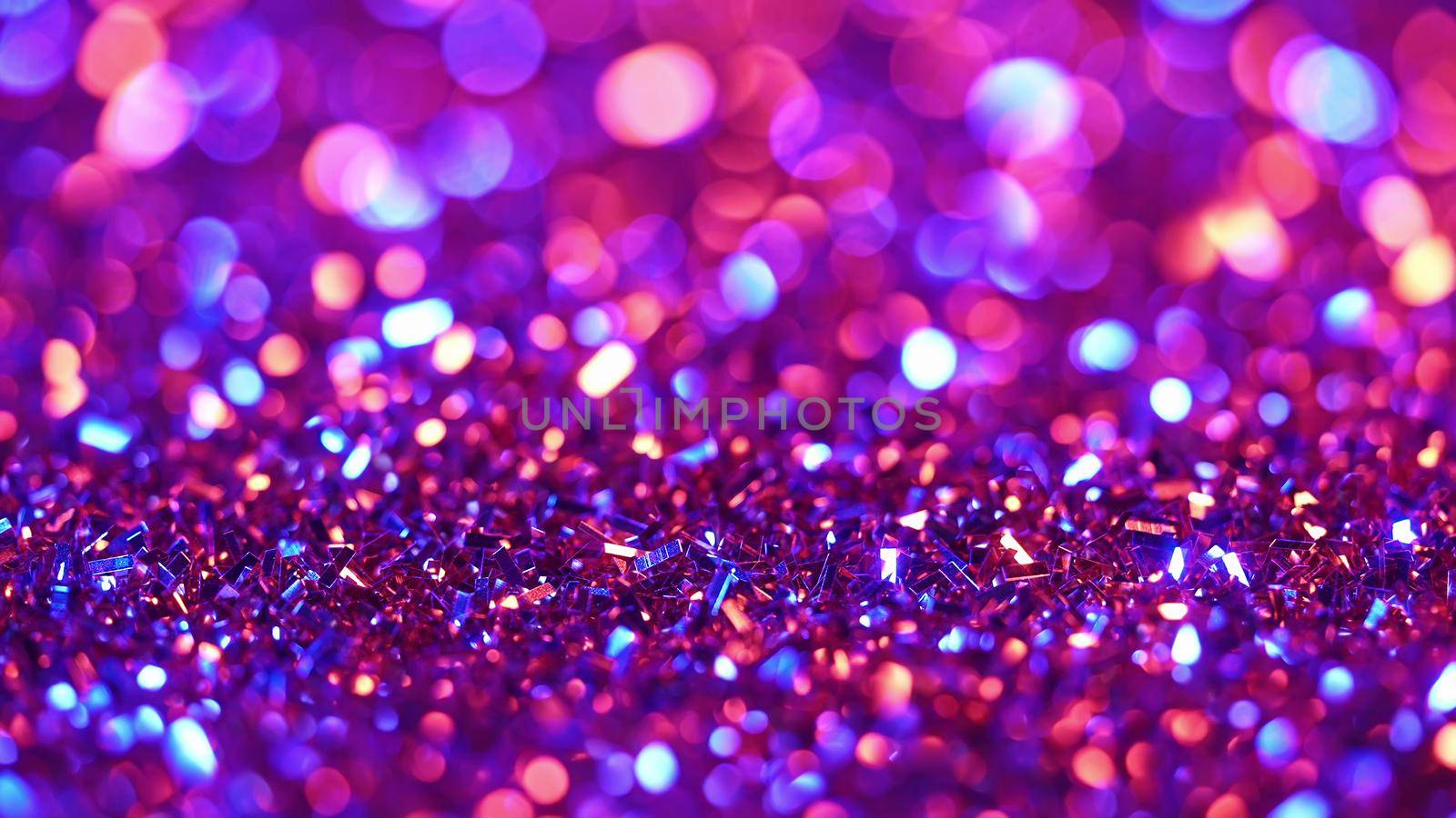 Festive glitter background. Colorful neon light. Abstract sparkles shining, beautiful texture, bokeh. High quality photo