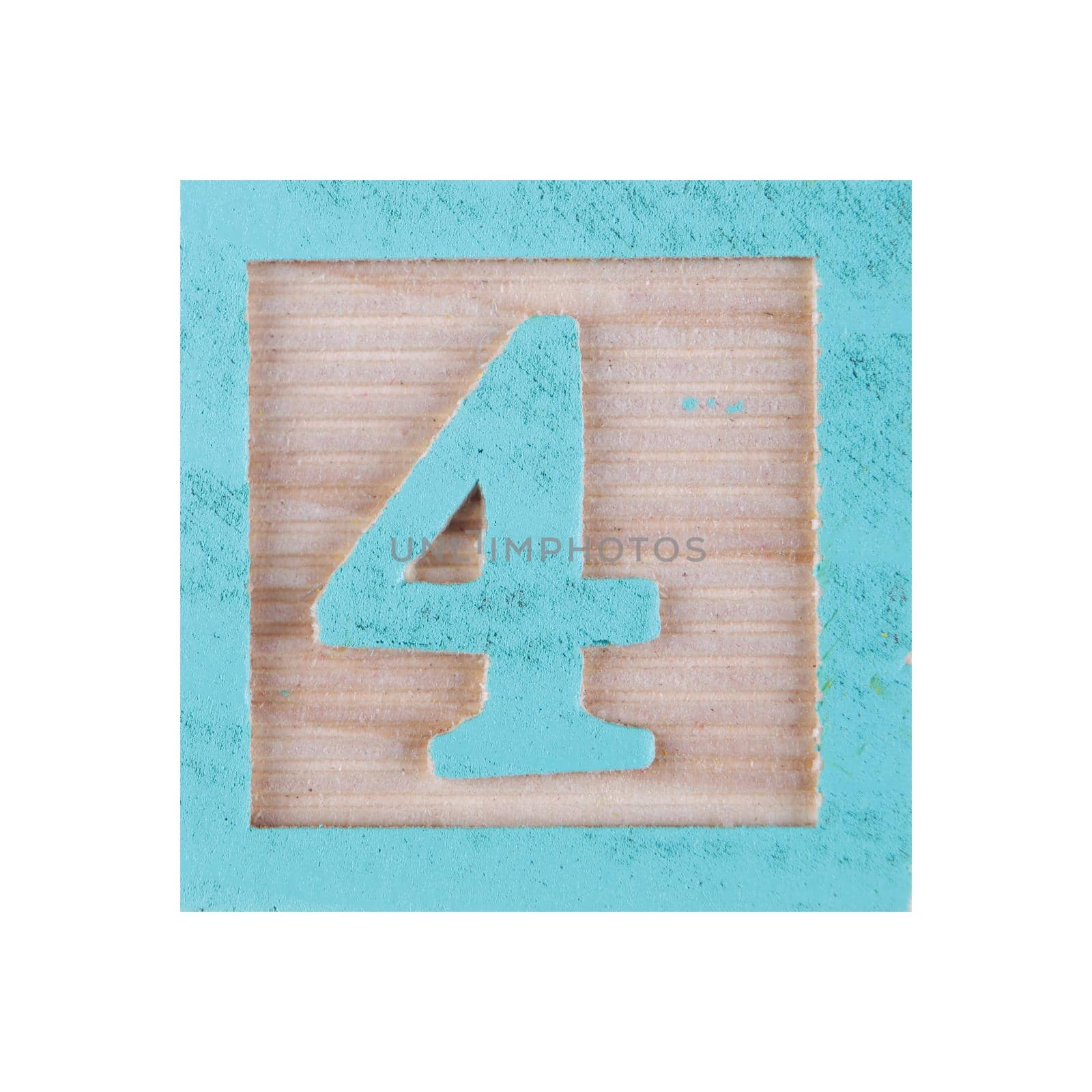 A Number 4 four childs wood block on white with clipping path