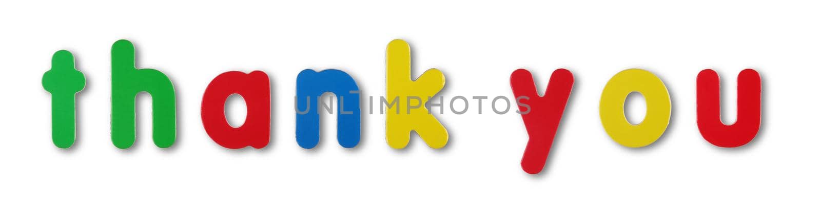 Thank you coloured magnetic letters on white with clipping path to remove shadow