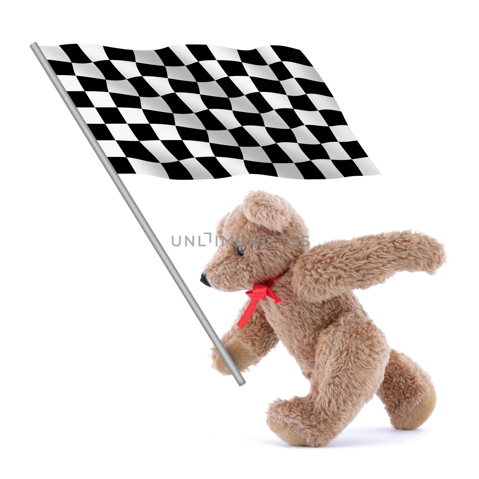 A chequered flag being carried by a cute teddy bear