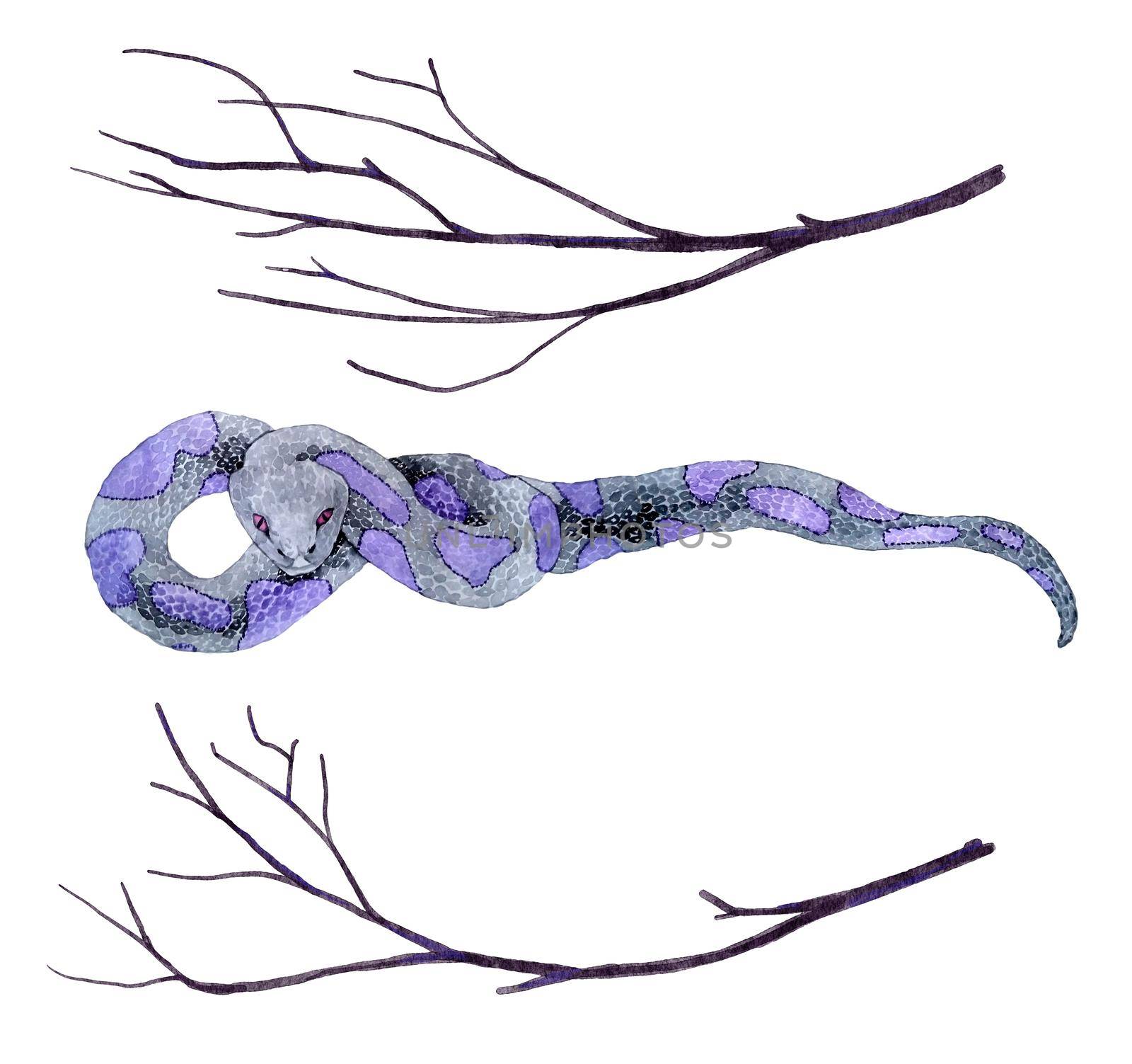 Watercolor hand drawn illsutration of scary purple snake with two black tree branches twigs. Witch witchcraft concept, mystic magic occult fall clipart, poisonous serpent. by Lagmar