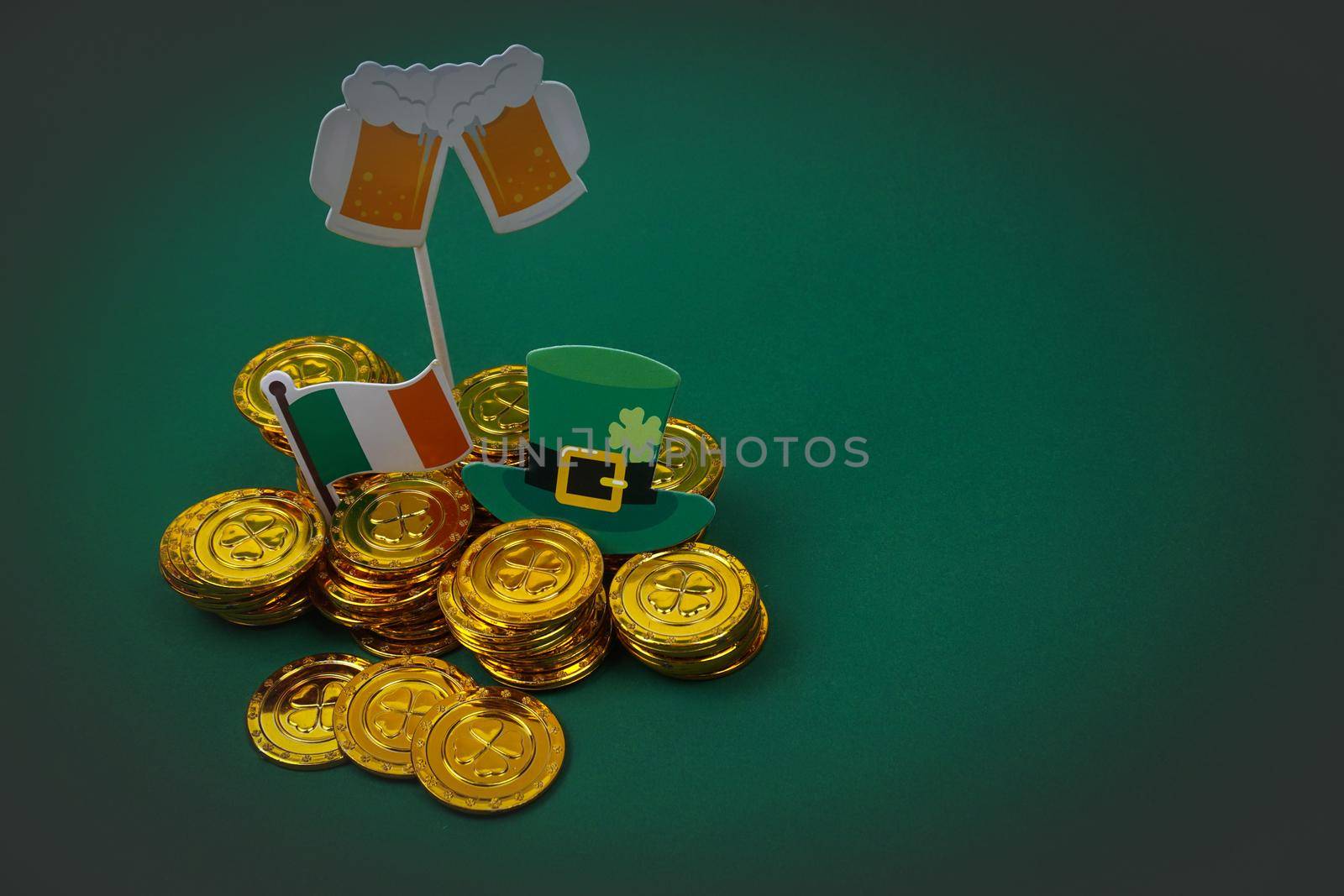 On a green background there are objects for the feast of St. Patrick. High quality photo