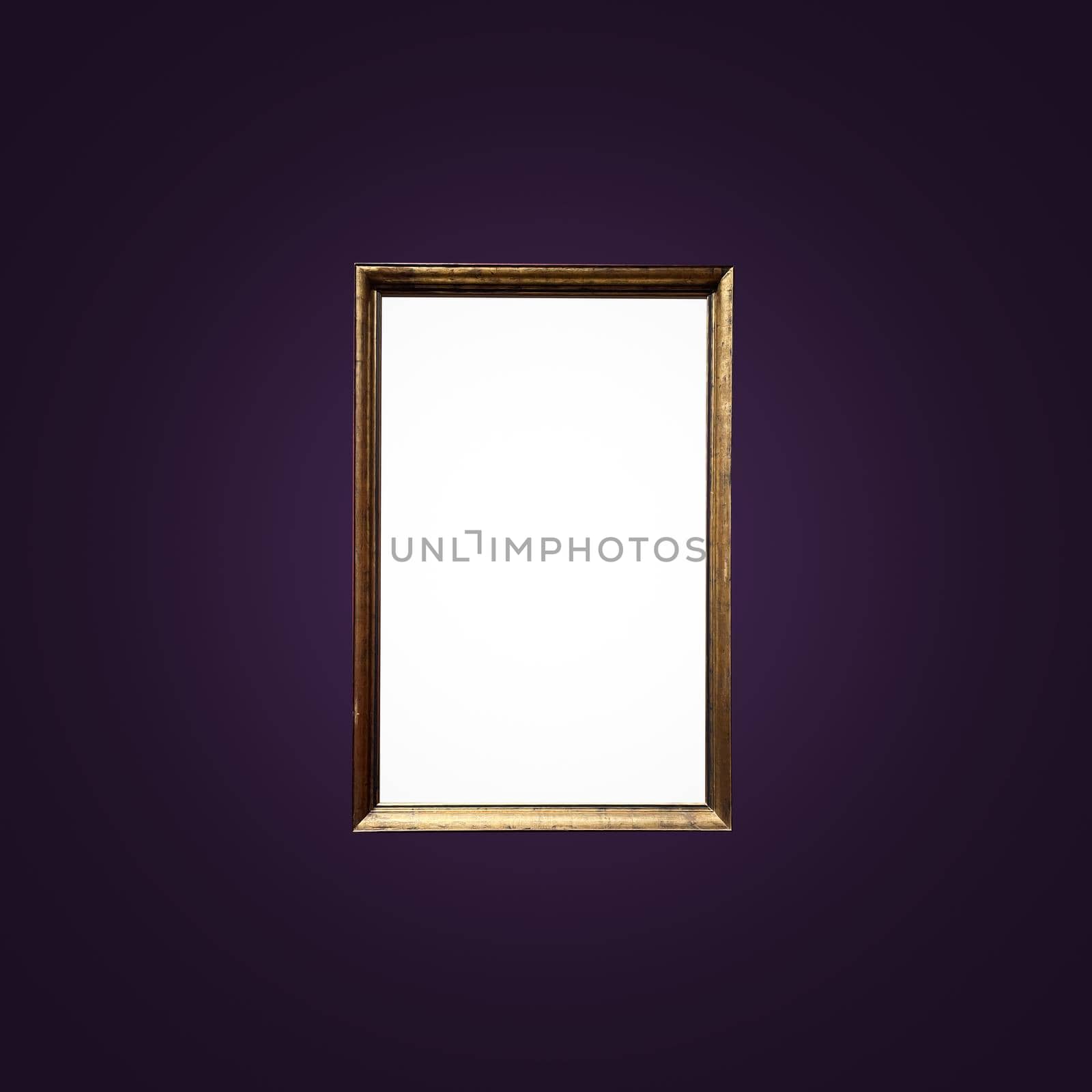 Antique art fair gallery frame on royal purple wall at auction house or museum exhibition, blank template with empty white copyspace for mockup design, artwork by Anneleven