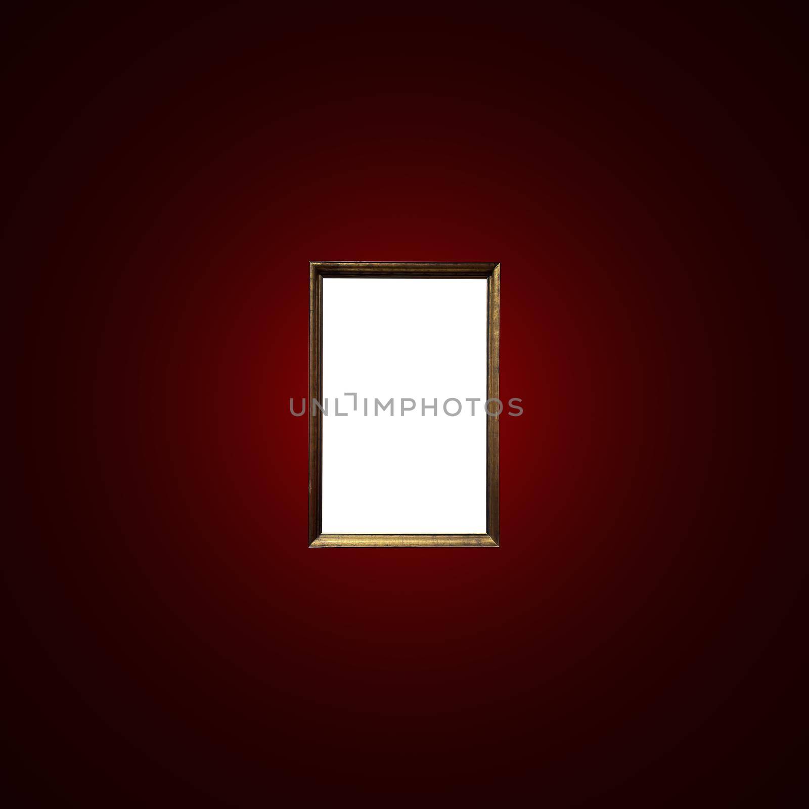 Antique art fair gallery frame on royal red wall at auction house or museum exhibition, blank template with empty white copyspace for mockup design, artwork concept