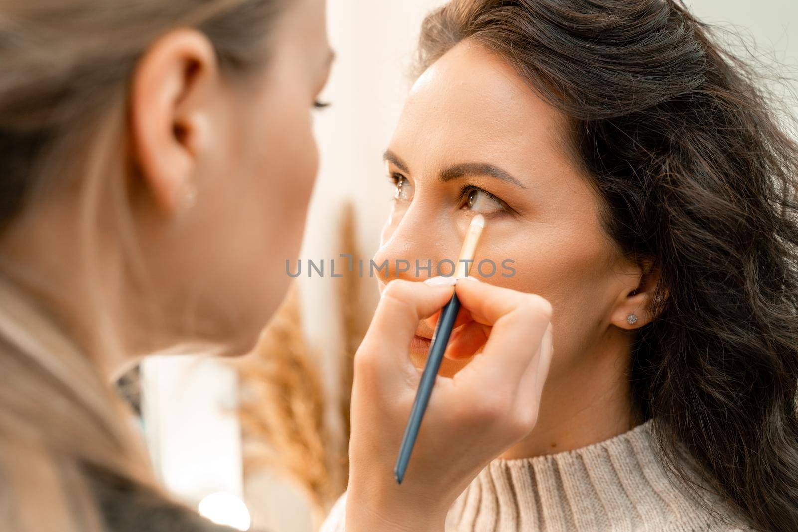 Make-up artist makes a professional make-up of a young woman in the studio