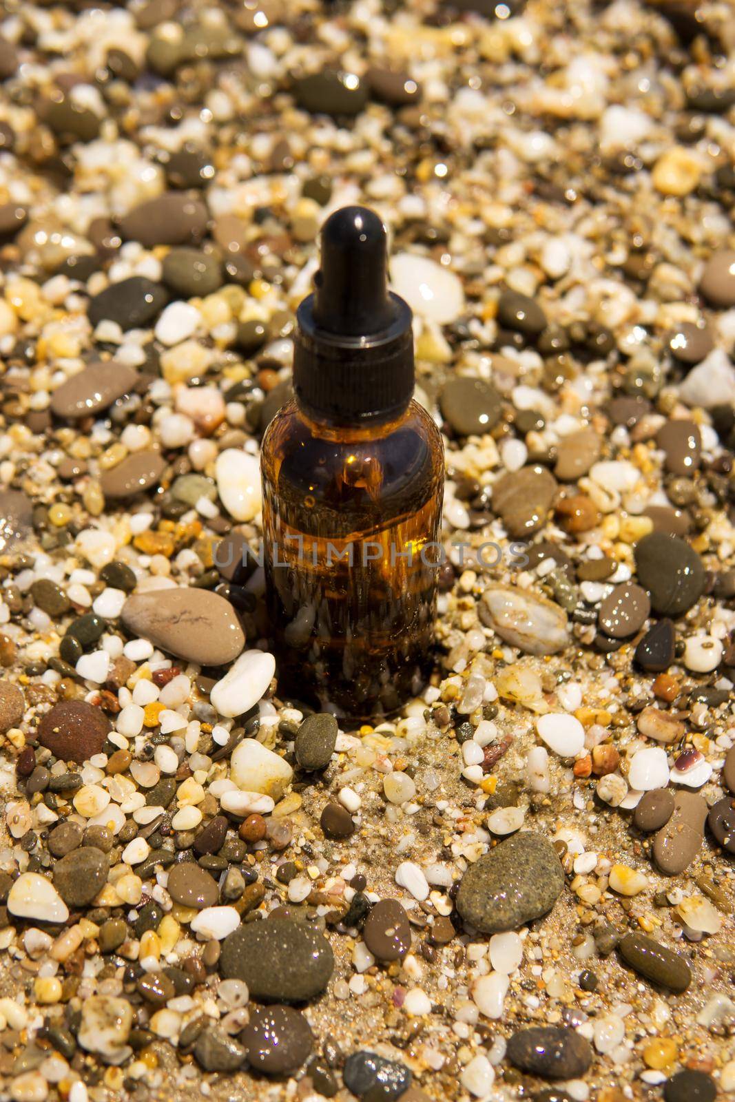 Cosmetic serum for the skin in a glass bottle. A bottle with an eyedropper on a pebble beach by the sea. Essences for skin care on the background of stones. The concept of natural cosmetics and SPA products.