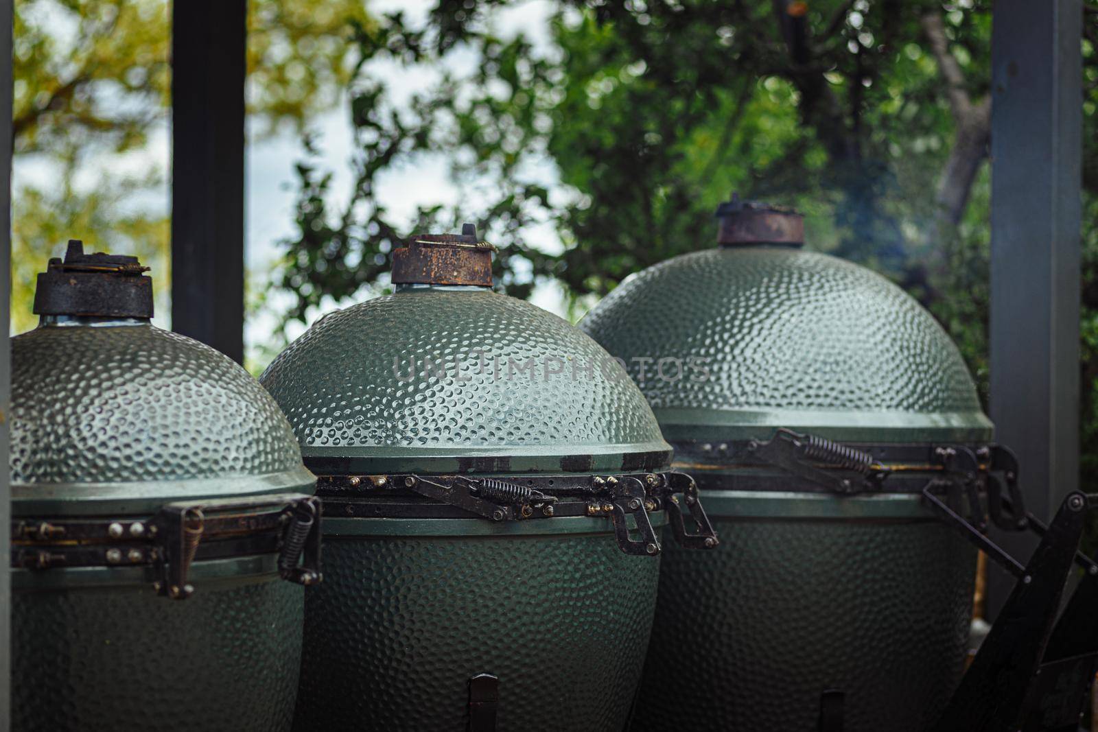 Close up image of The Green Egg outdoor barbecue. Very popular ceramic bbq.