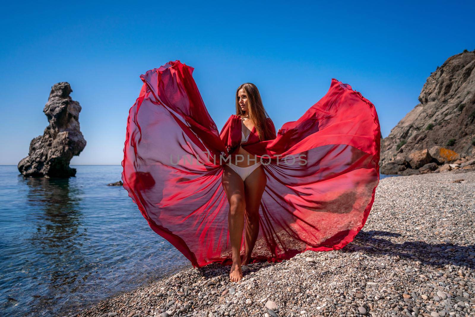 Beautiful sensual woman in a flying red dress and with long hair, stands on the seashore by Matiunina