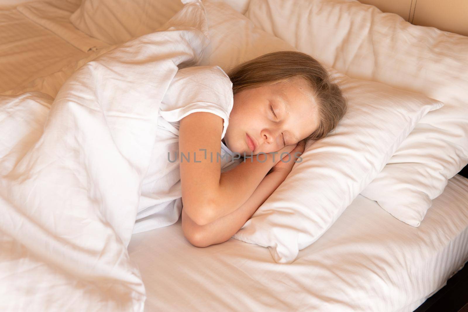 Sleep beautiful young girl phone mobile bed blanket sleeping lying, for white relax from health and calm bedding, room beauty. One serene day, by 89167702191