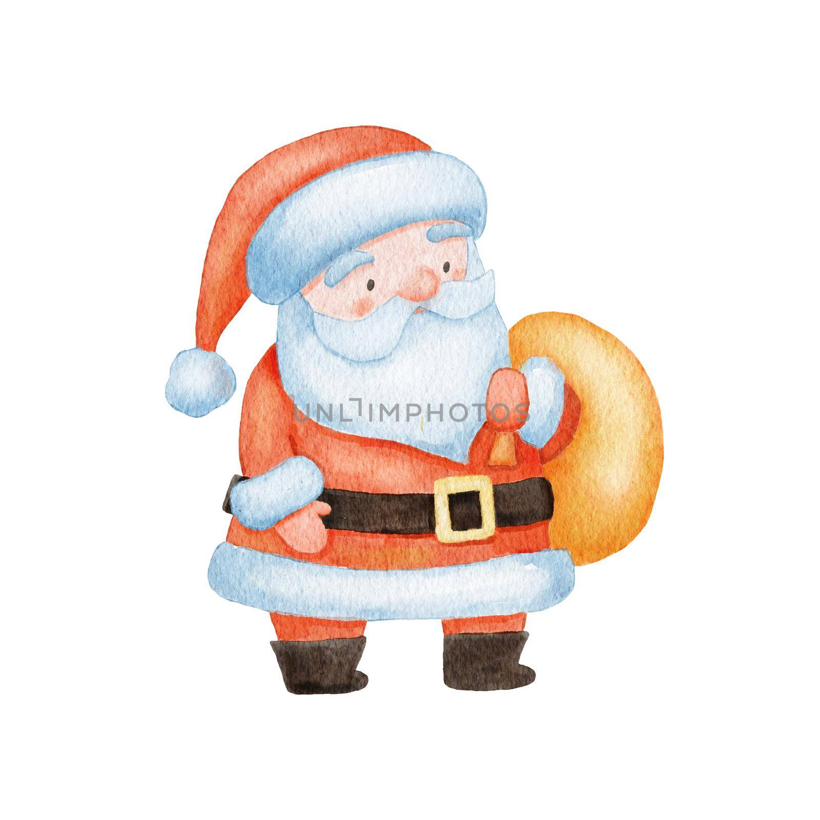 Cute Santa Claus holding bag with presents. Watercolor Christmas illustration isolated on white.