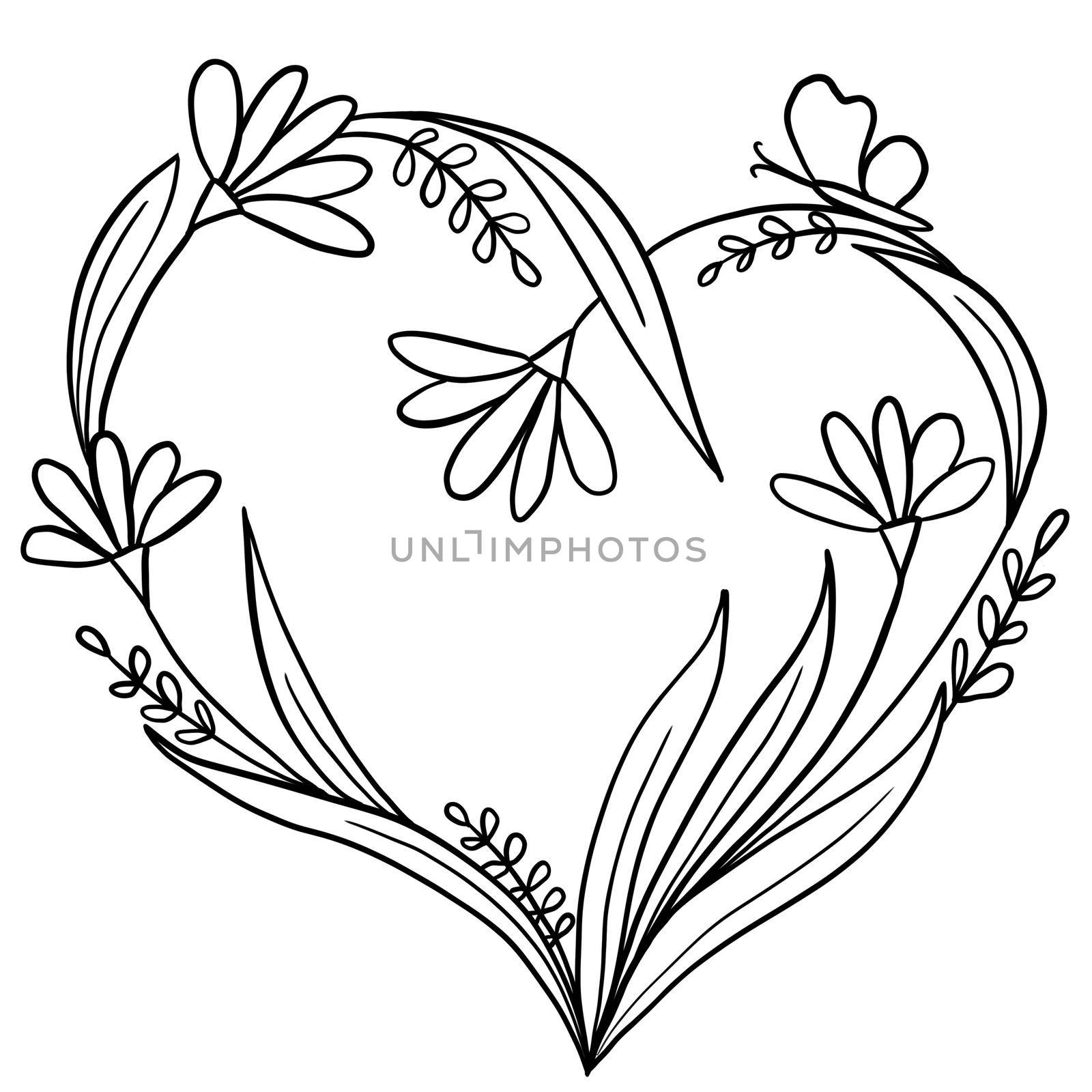 Hand drawn floral illustration with flowers leaves in heart shape. Plant with butterfly, black line outline foliage. St valentine love design concept. by Lagmar