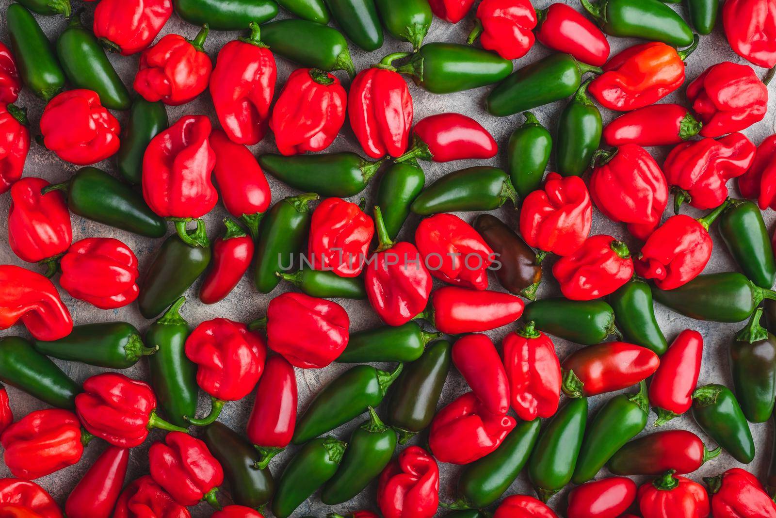 Background of Colorful Jalapeno and Habanero Peppers on Light Background