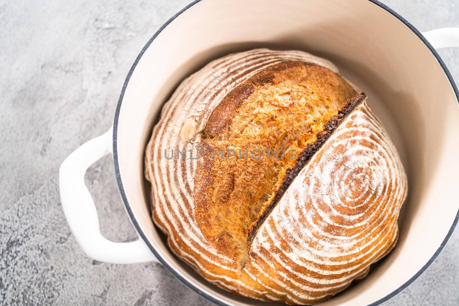 Freshly baked loaf of a wheat sourdough bread with marks from bread proofing basket in enameled cast iron dutch oven.