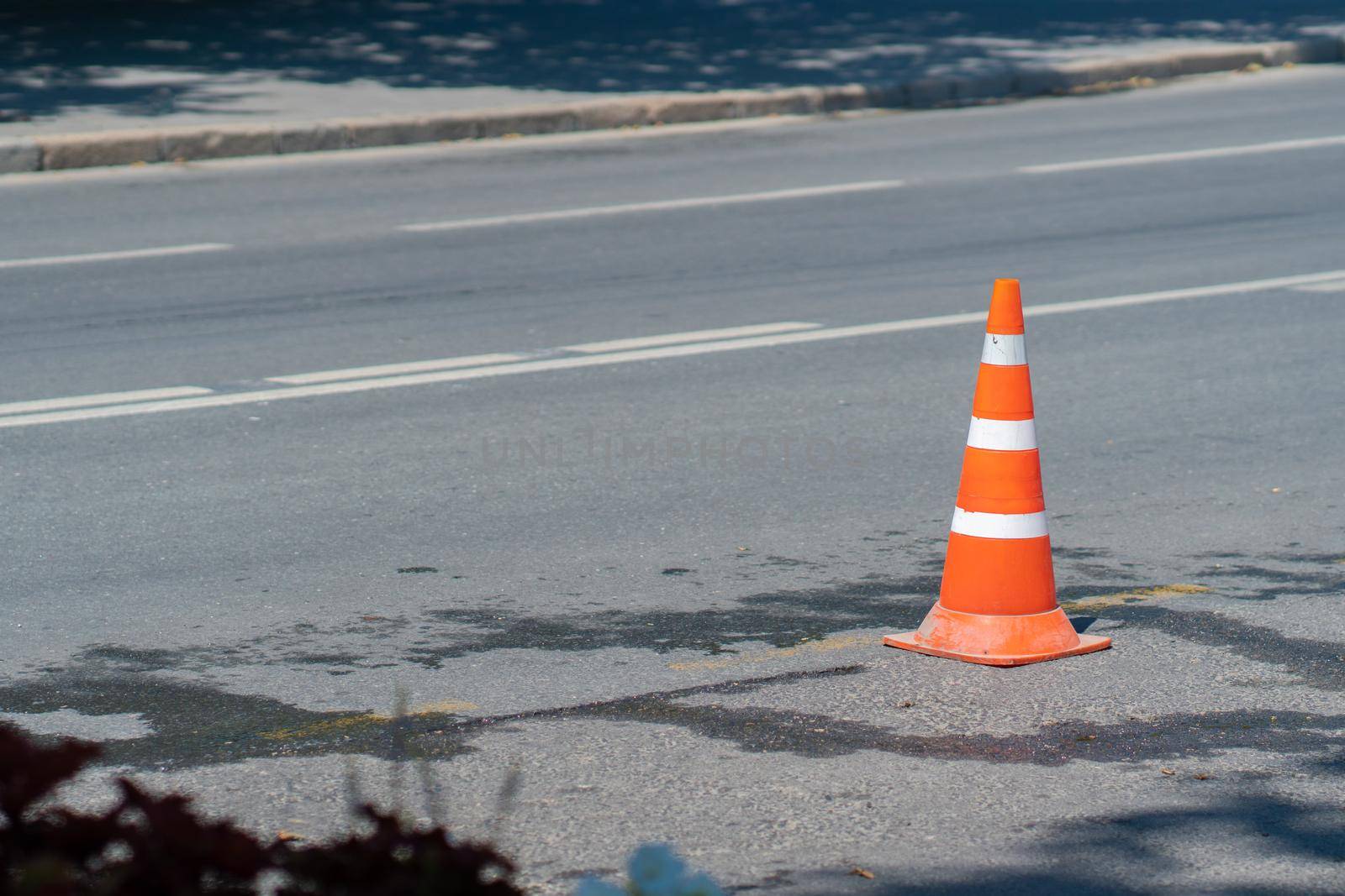 Traffic bright cones orange row asphalt road safety danger driving, for dividing highway from city for text activity, construction industry. Maintenance tar marker, by 89167702191