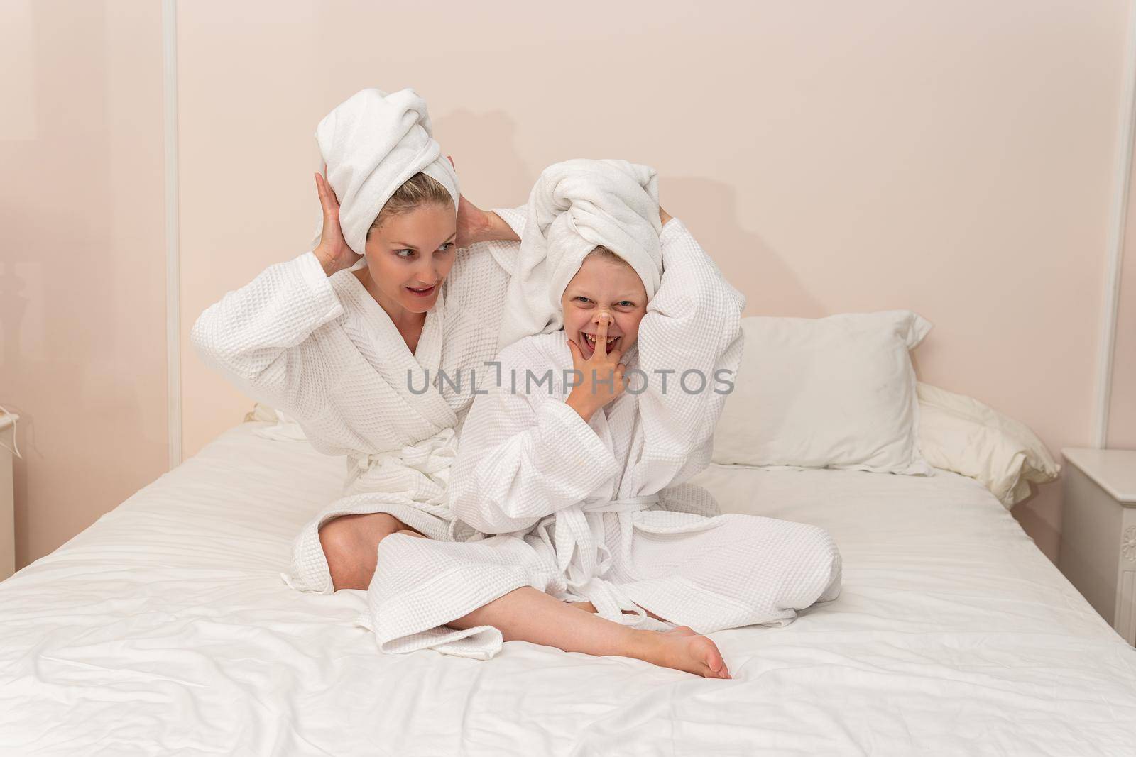 Daughter love bath smiling dries mom thinks elbows coffee bathrobe, concept portrait hygiene for dressing and happy beautiful, little bathing. Head health comfort, by 89167702191