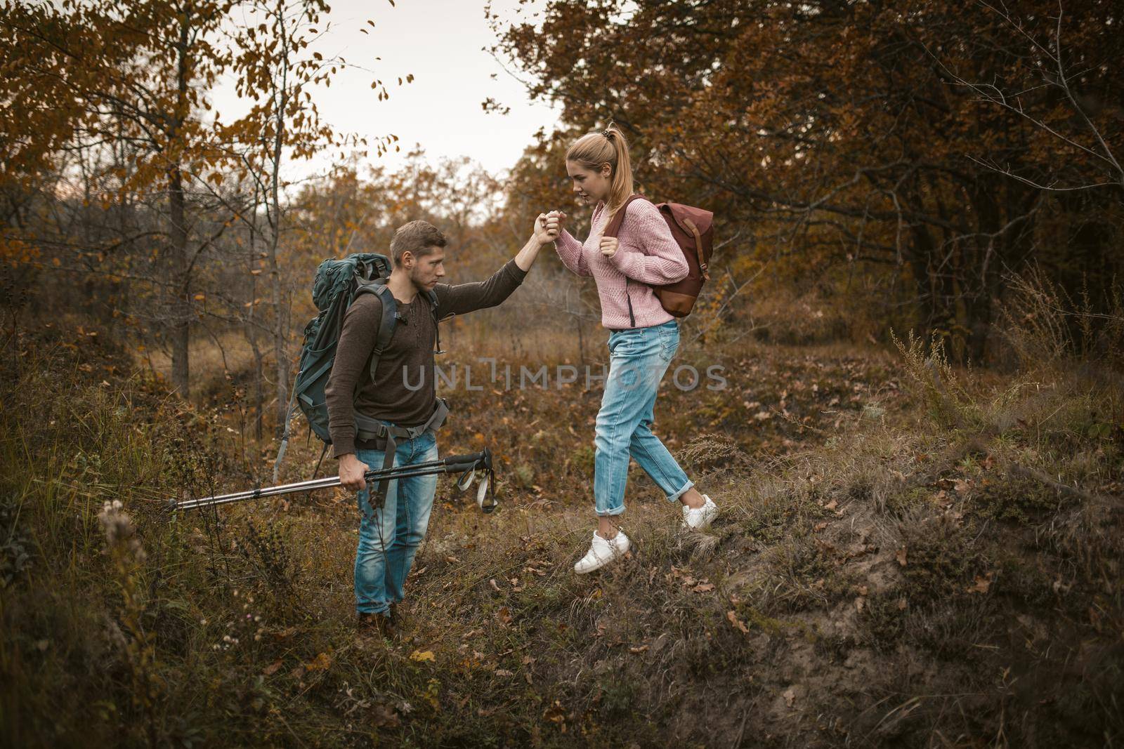 Hiking in nature. Young Man and Woman backpackers descend from the slope holding hands and holding hiking poles in their hands. Tourists with backpacks walk through the autumn forest. Support concept by LipikStockMedia